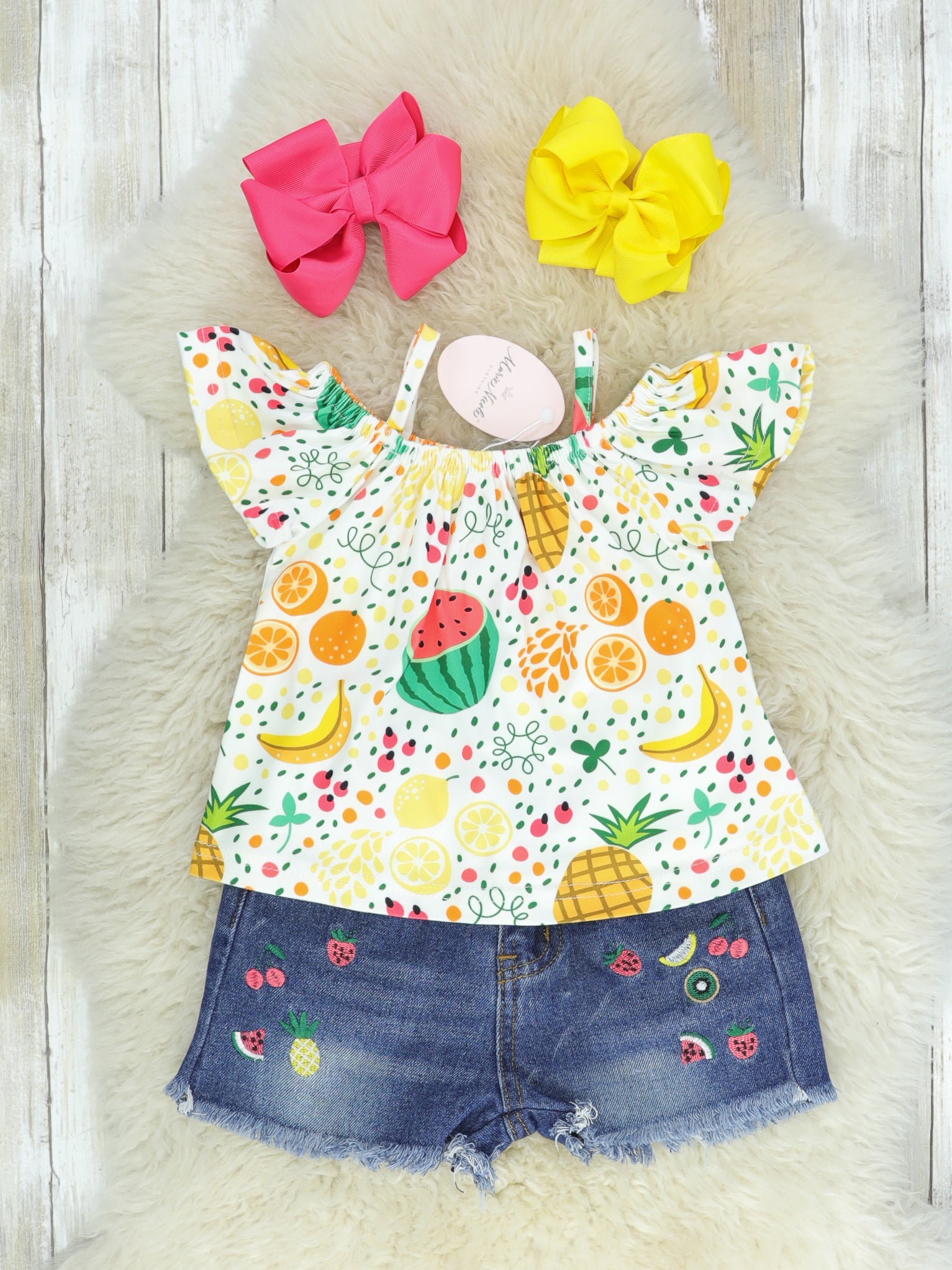 Tropical Fruit Ruffle Top Denim Outfit - Marie Nicole Clothing