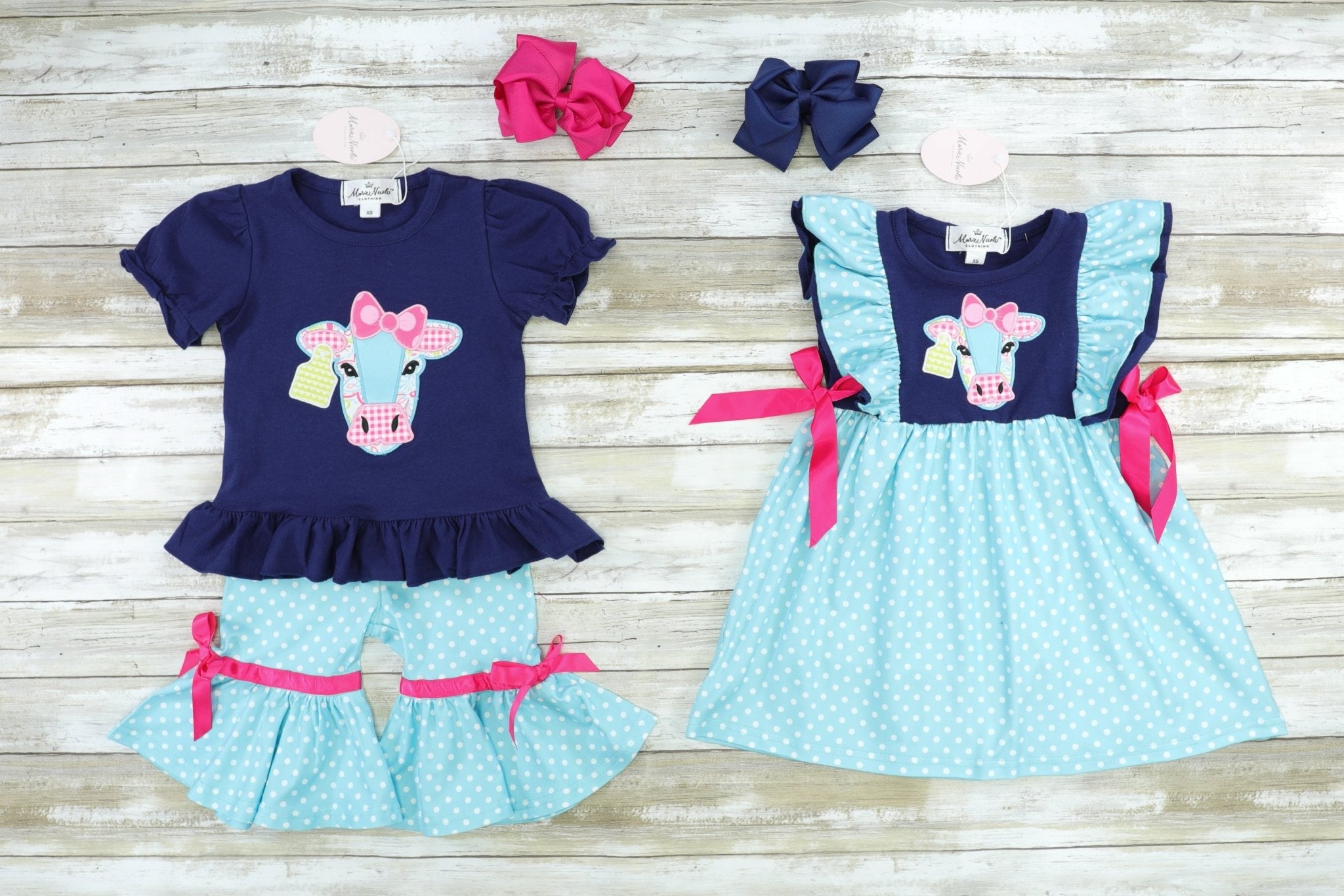 Navy & Light Blue Polka Dot Cow Capri Outfit - Marie Nicole Clothing