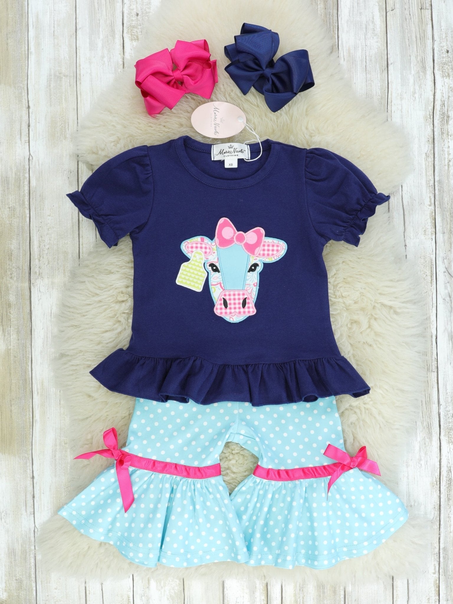 Navy & Light Blue Polka Dot Cow Capri Outfit - Marie Nicole Clothing