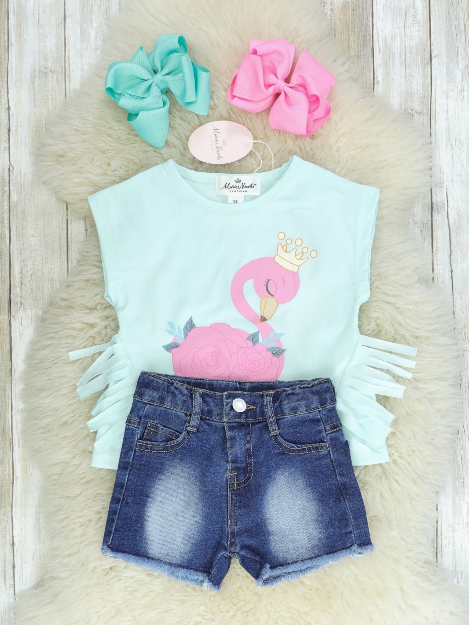 Blue Fringe Flamingo Top & Denim Shorts Outfit - Marie Nicole Clothing