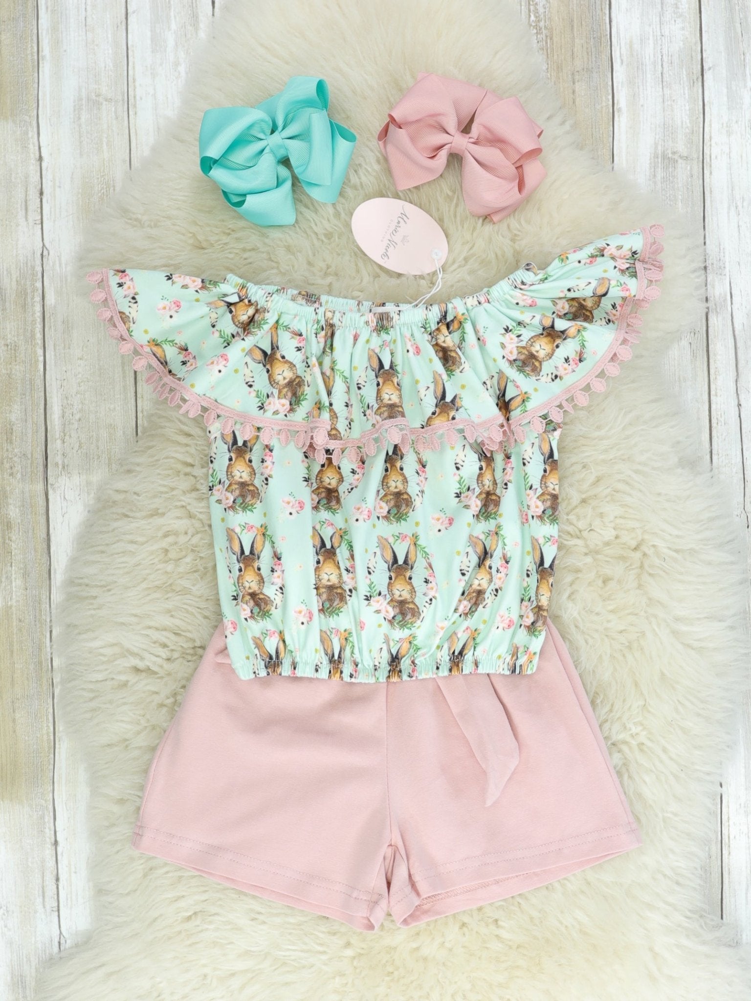 Pink & Mint Bunny Top & Shorts Outfit - Marie Nicole Clothing
