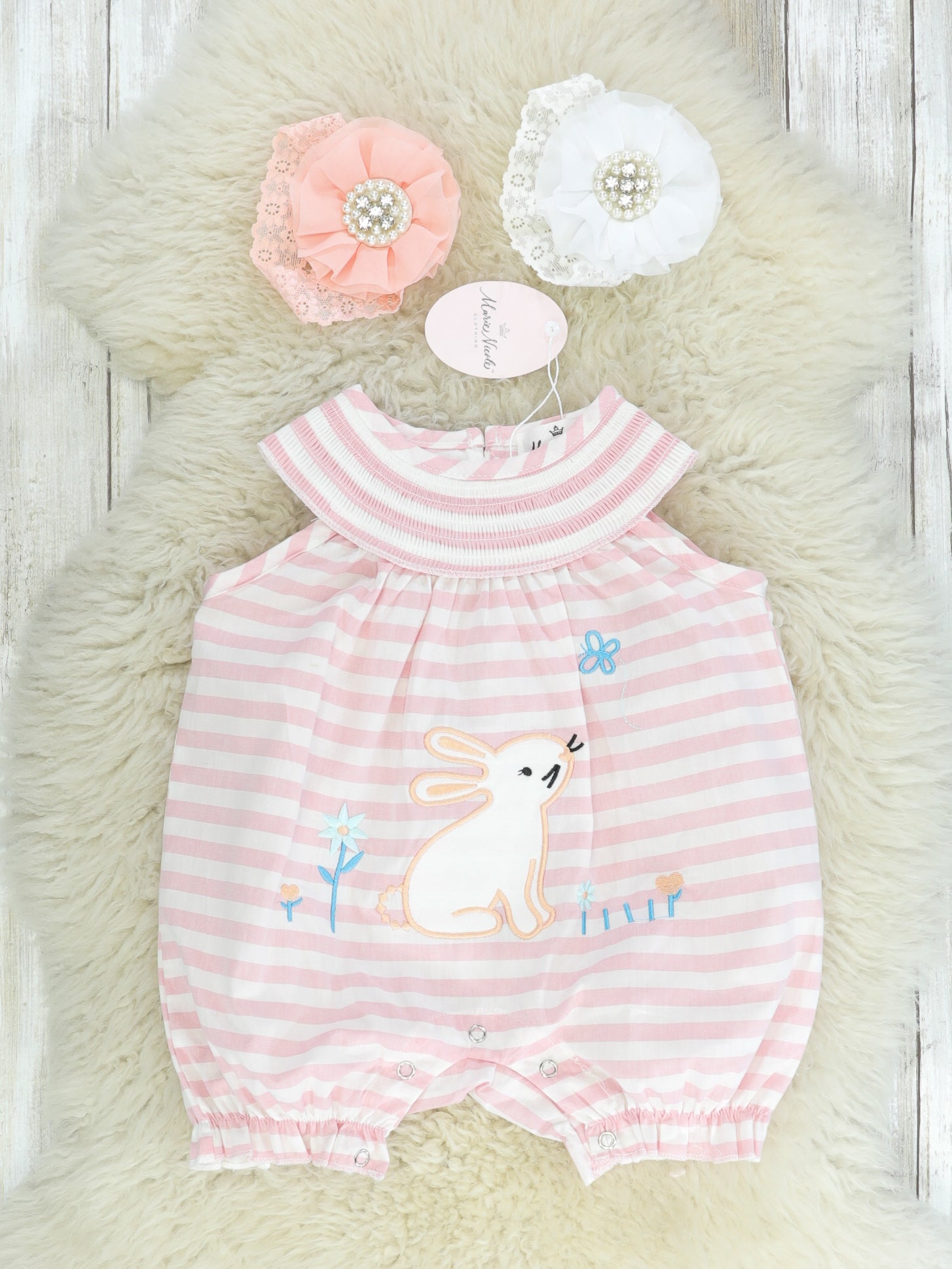Pink & White Striped Bunny Romper - Marie Nicole Clothing
