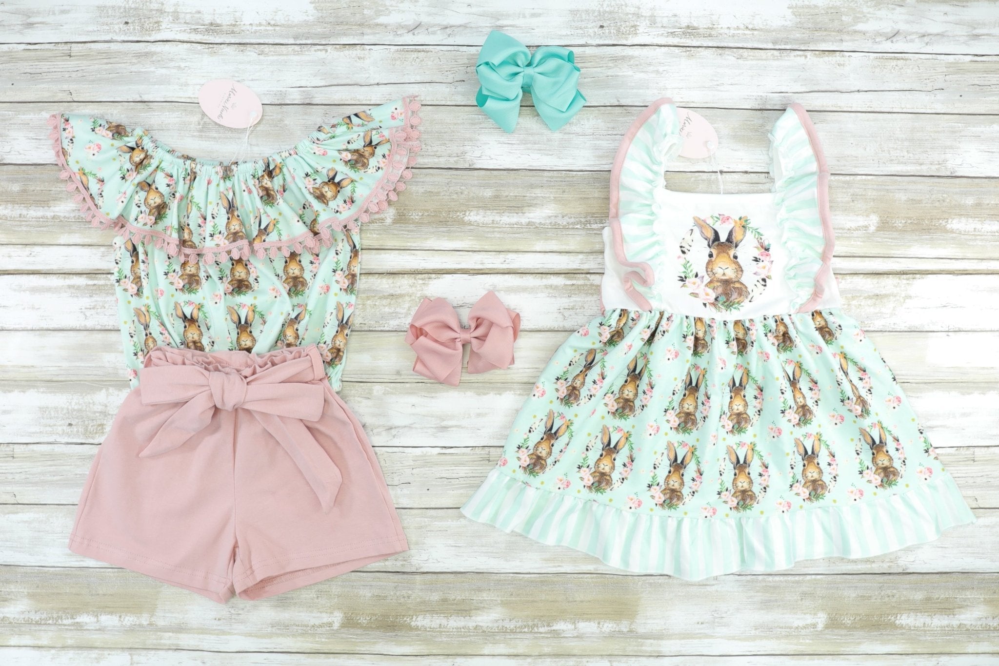 Pink & Mint Bunny Top & Shorts Outfit - Marie Nicole Clothing