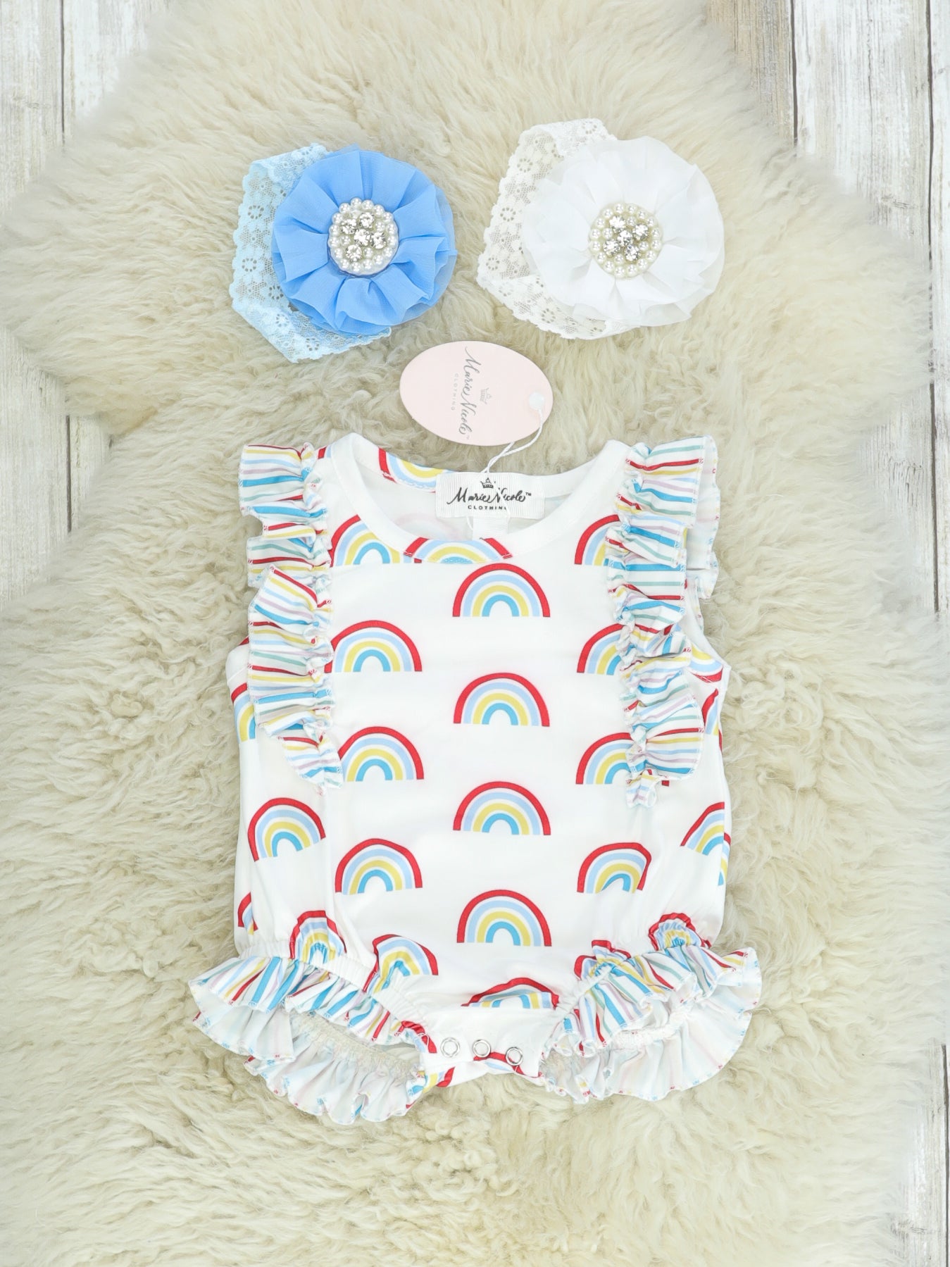Rainbow Striped Ruffle Romper - Marie Nicole Clothing