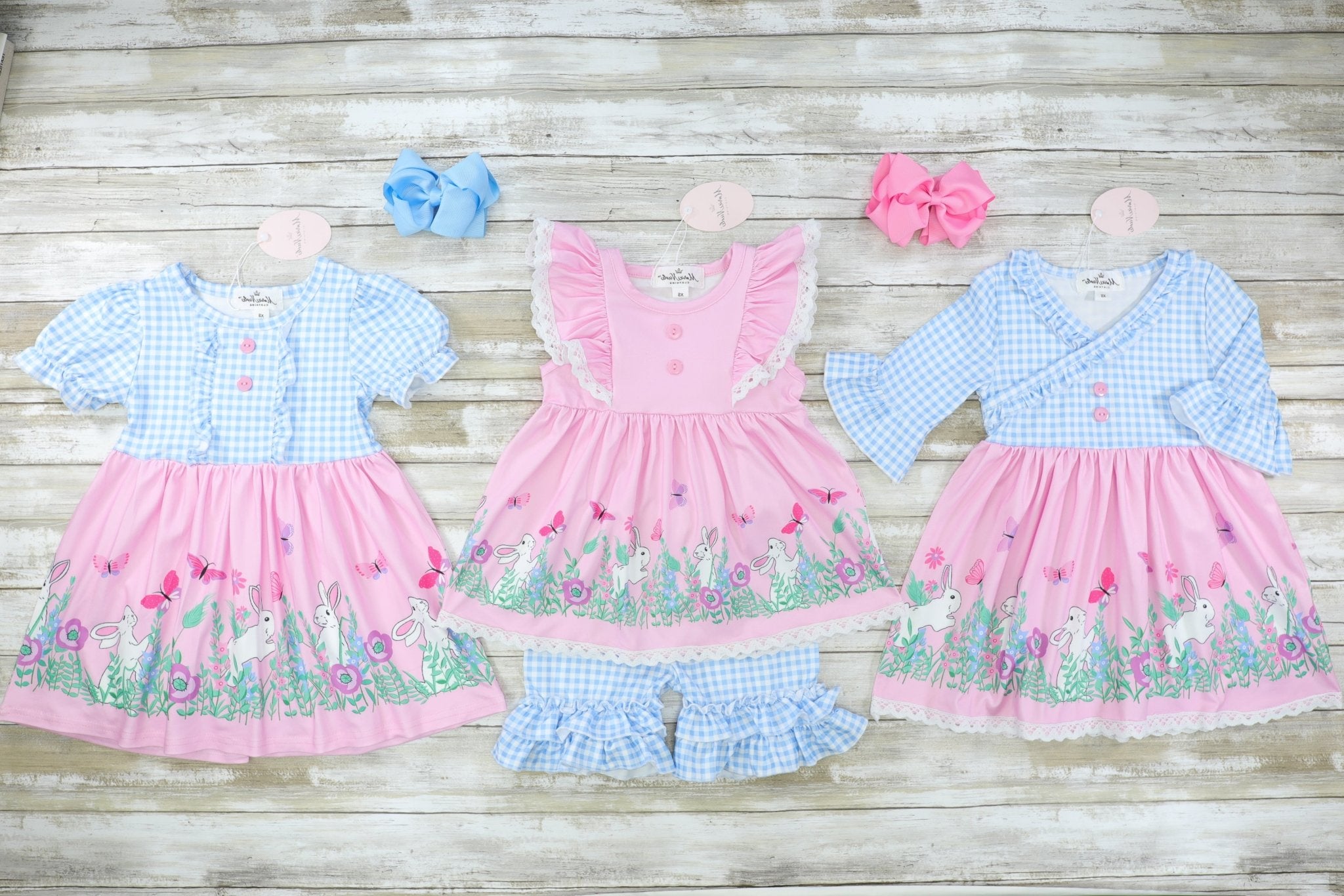 Pink & Blue Spring Scene Puffy Sleeve Dress - Marie Nicole Clothing