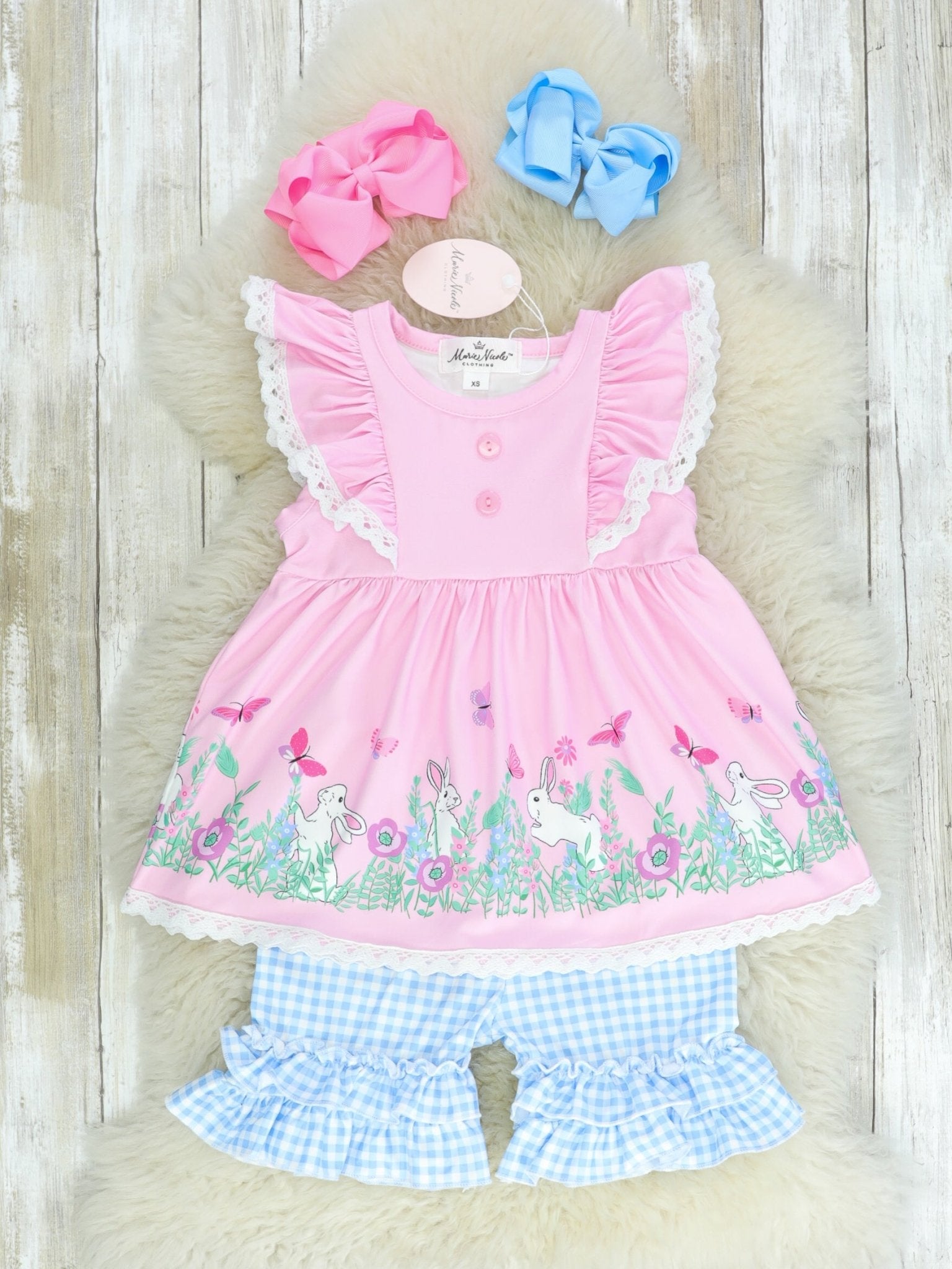Pink & Blue Spring Scene Ruffle Outfit - Marie Nicole Clothing