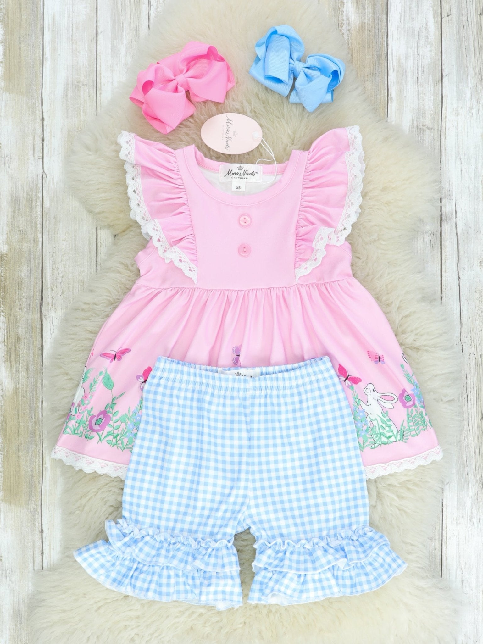 Pink & Blue Spring Scene Ruffle Outfit - Marie Nicole Clothing
