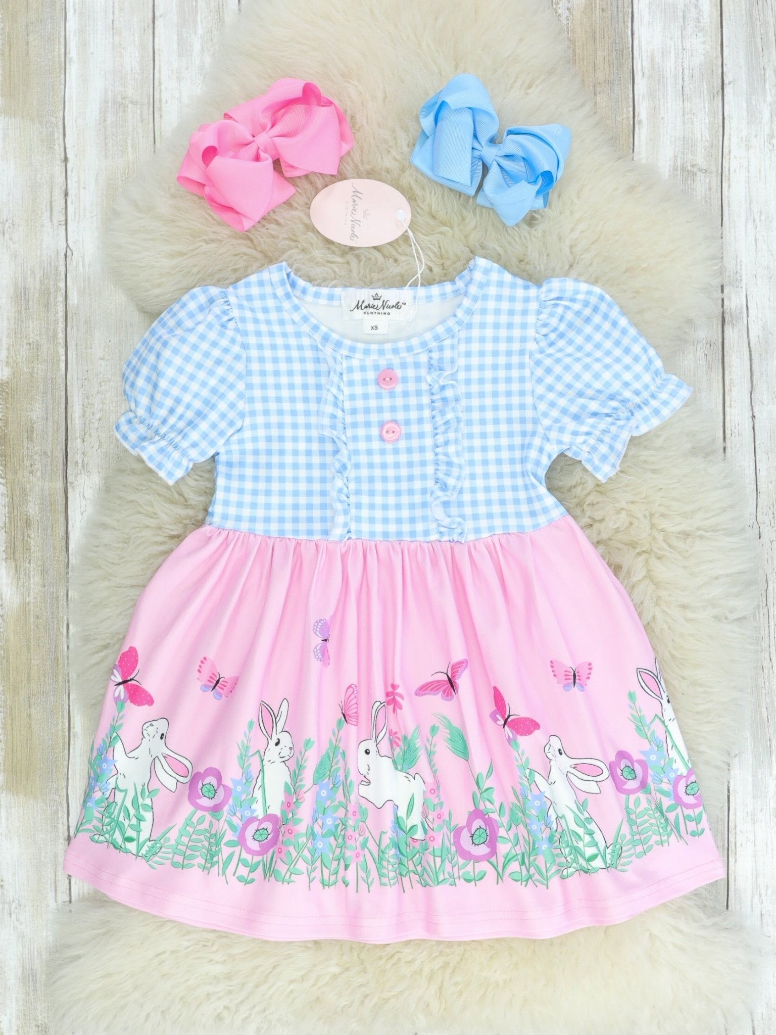 Pink & Blue Spring Scene Puffy Sleeve Dress - Marie Nicole Clothing