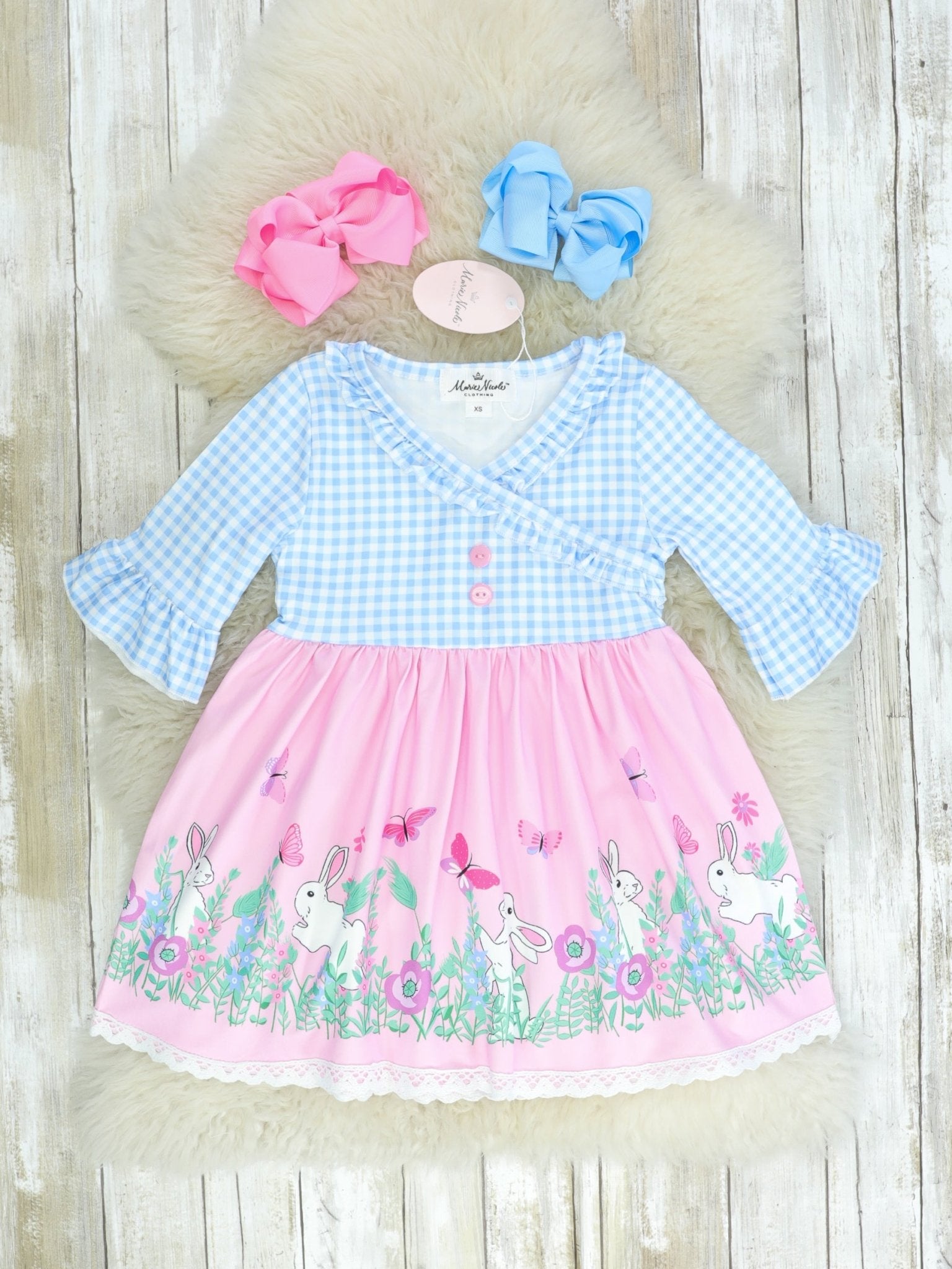 Pink & Blue Spring Scene Faux Wrap Dress - Marie Nicole Clothing
