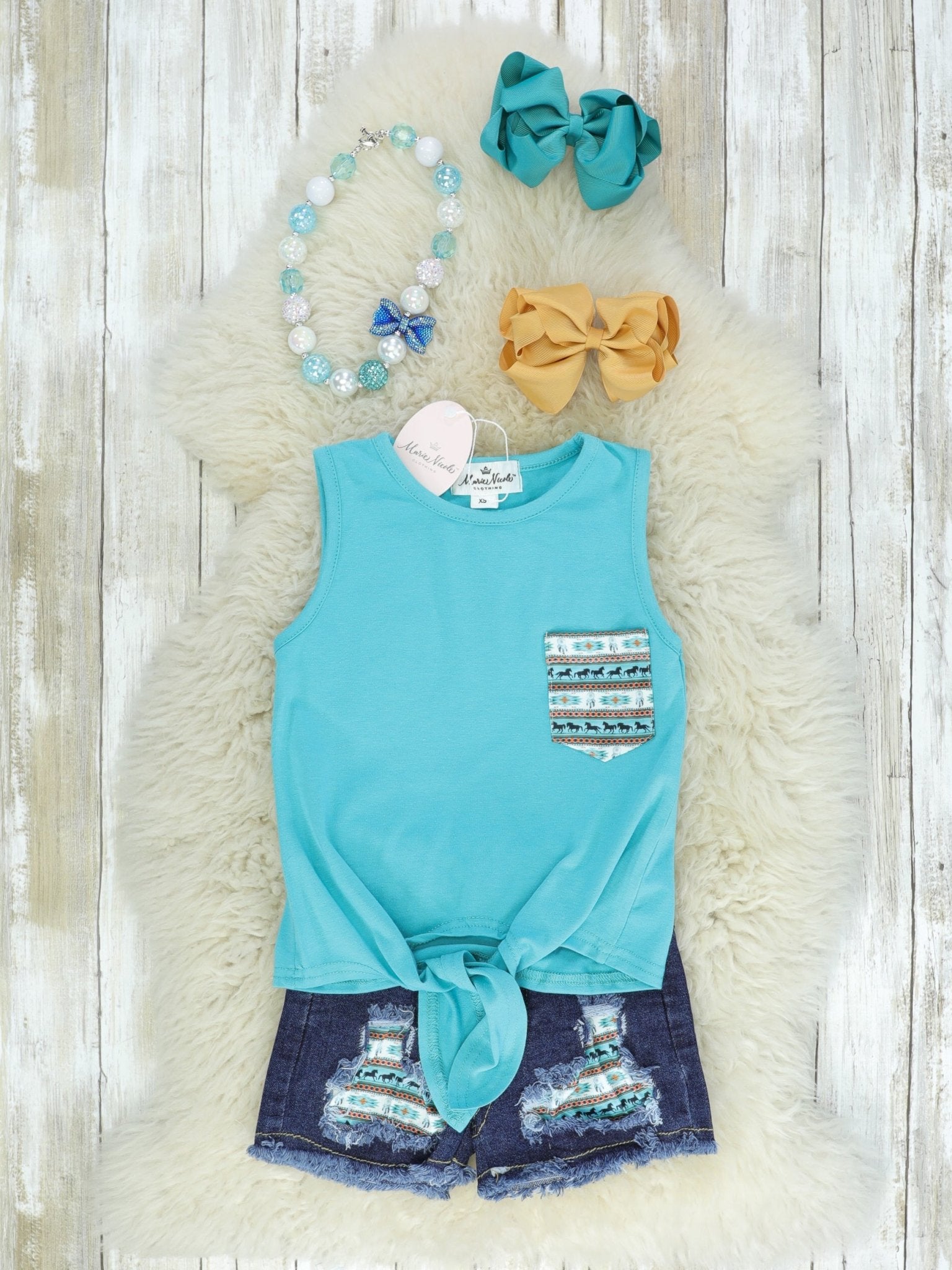 Horse Aztec Teal Tie Tank Denim Shorts Outfit - Marie Nicole Clothing