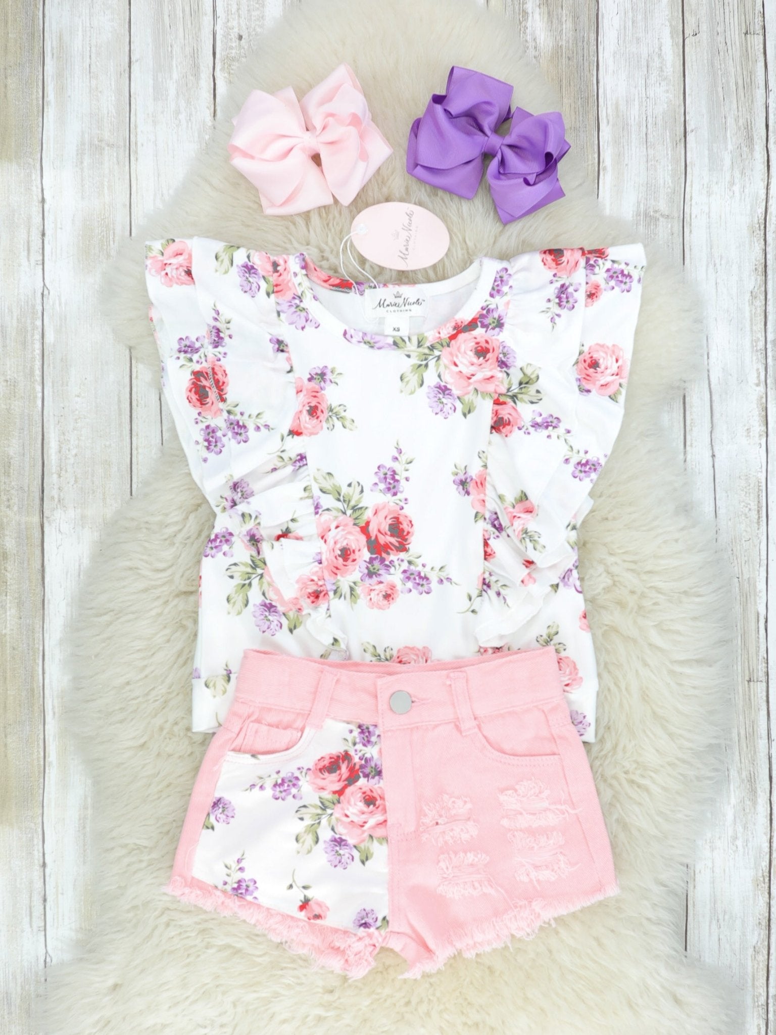 Pink Floral Ruffle Top & Distressed Denim Shorts - Marie Nicole Clothing