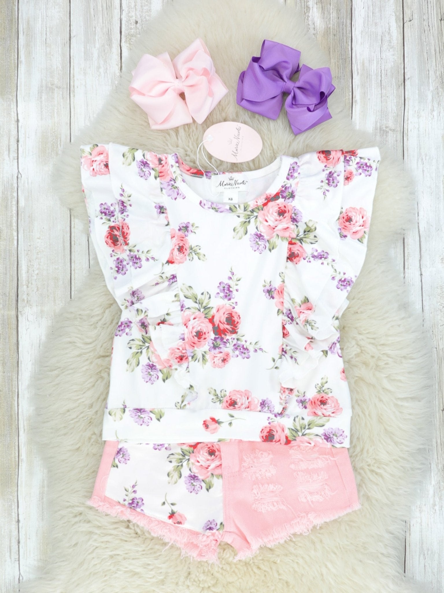 Pink Floral Ruffle Top & Distressed Denim Shorts - Marie Nicole Clothing