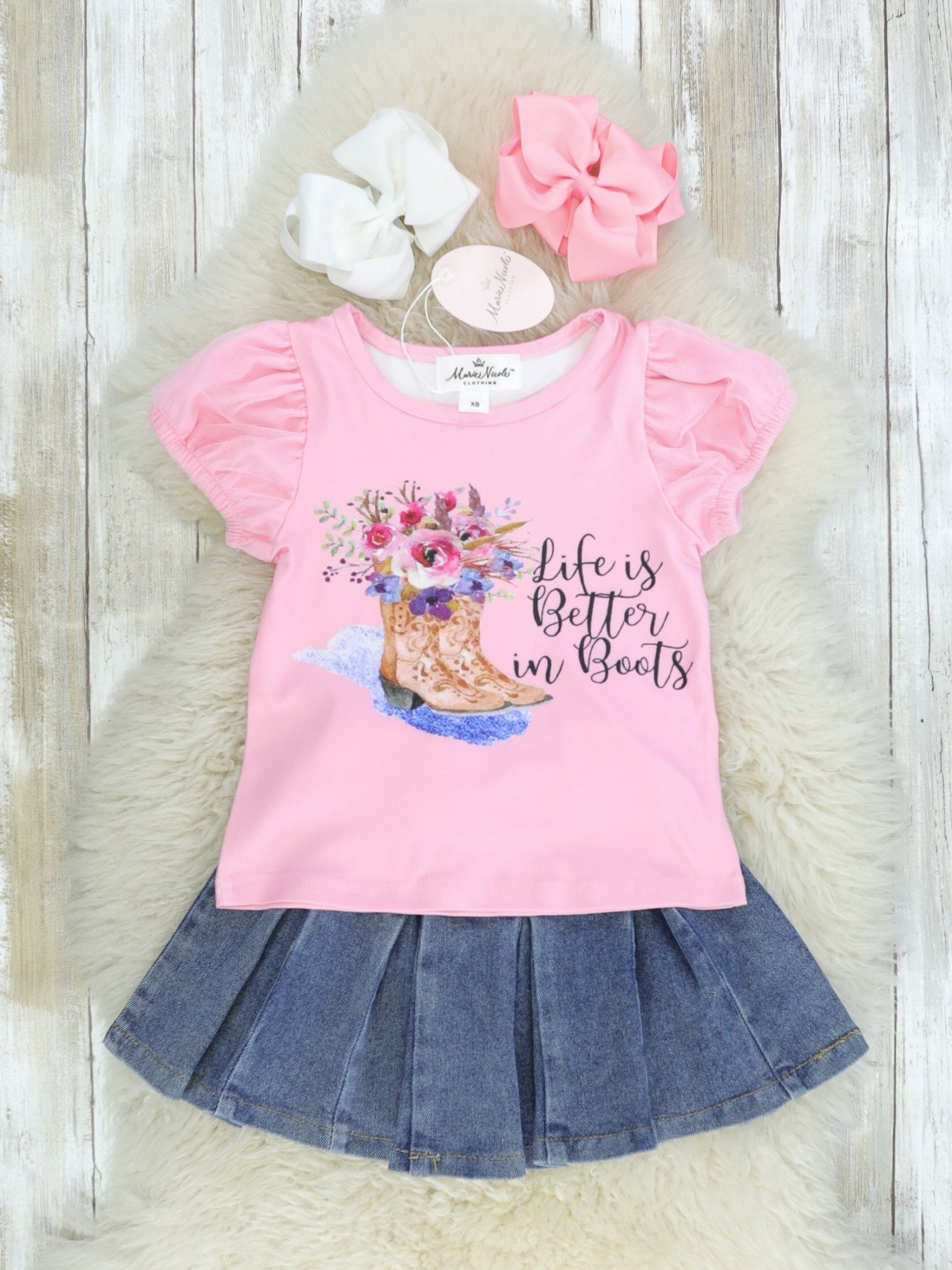 Life Is Better In Boots Shirt & Denim Skirt Outfit - Marie Nicole Clothing