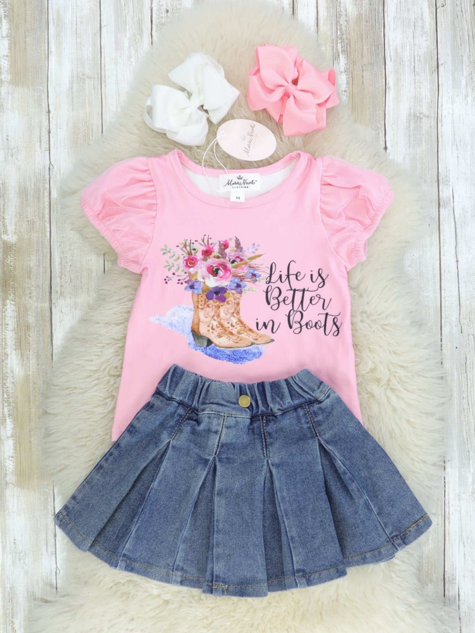 Life Is Better In Boots Shirt & Denim Skirt Outfit - Marie Nicole Clothing