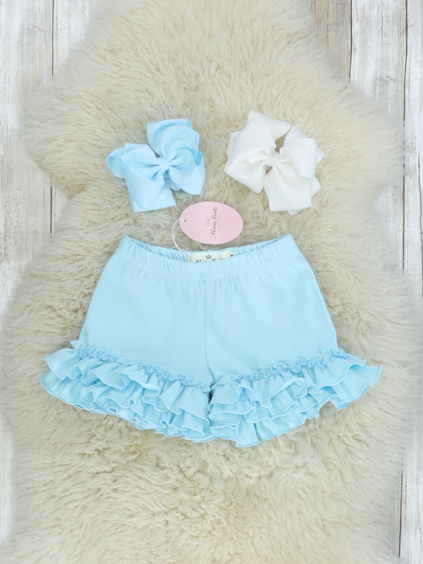 Baby Blue Ruffle Trim Cotton Shorts - Marie Nicole Clothing