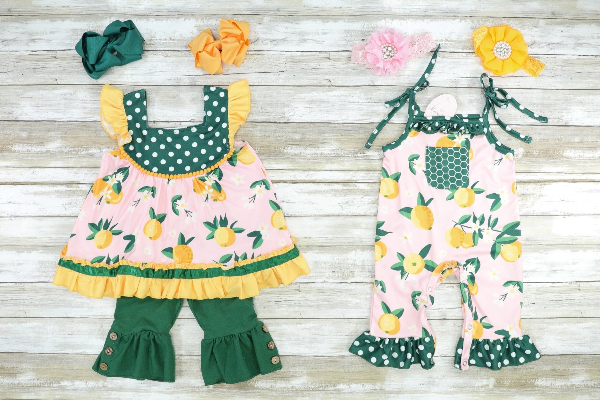 Green & Yellow Lemon Polka Dot Tie Romper - Marie Nicole Clothing