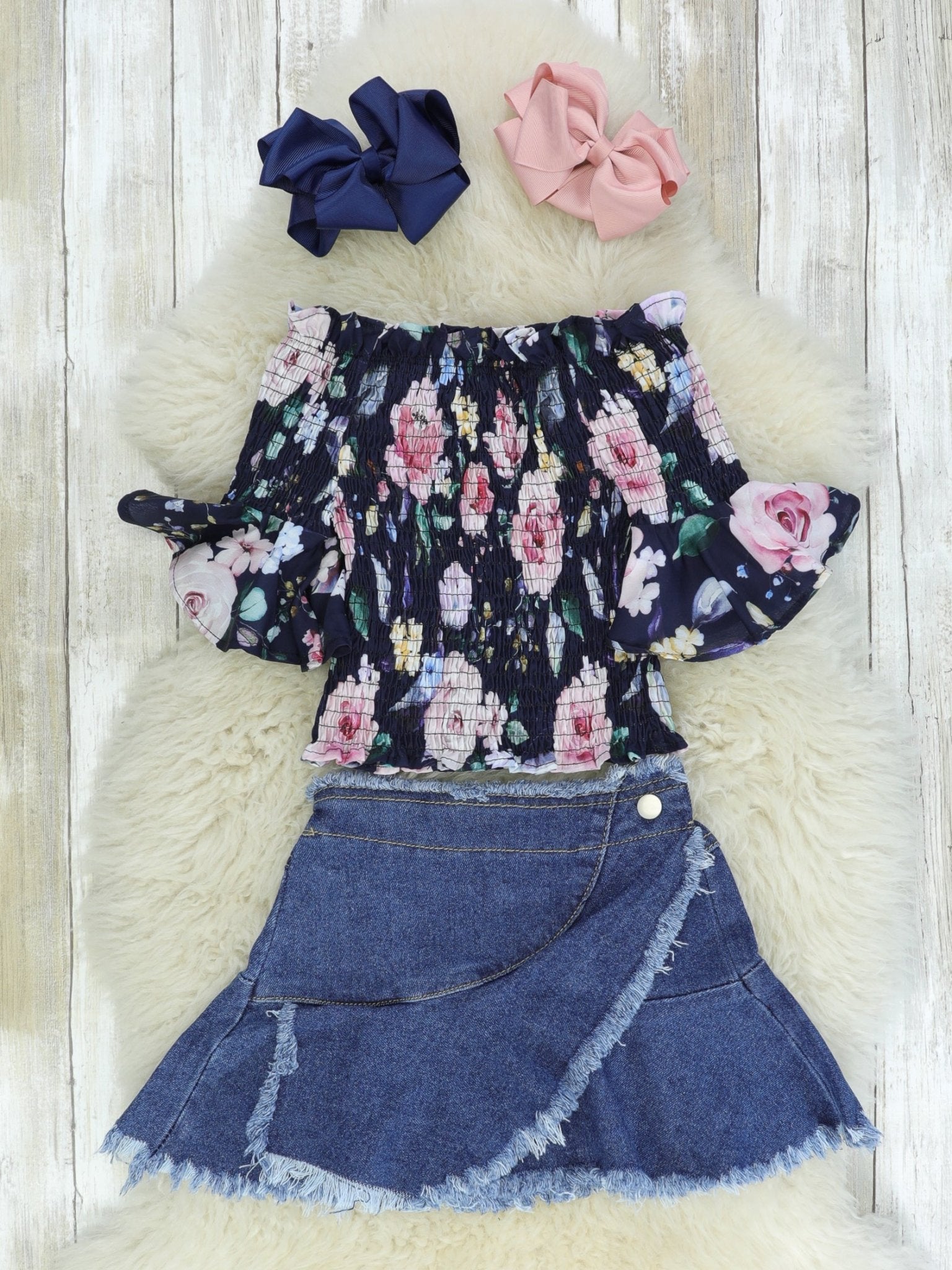 Floral Smocked Top & Denim Skirt Outfit - Marie Nicole Clothing