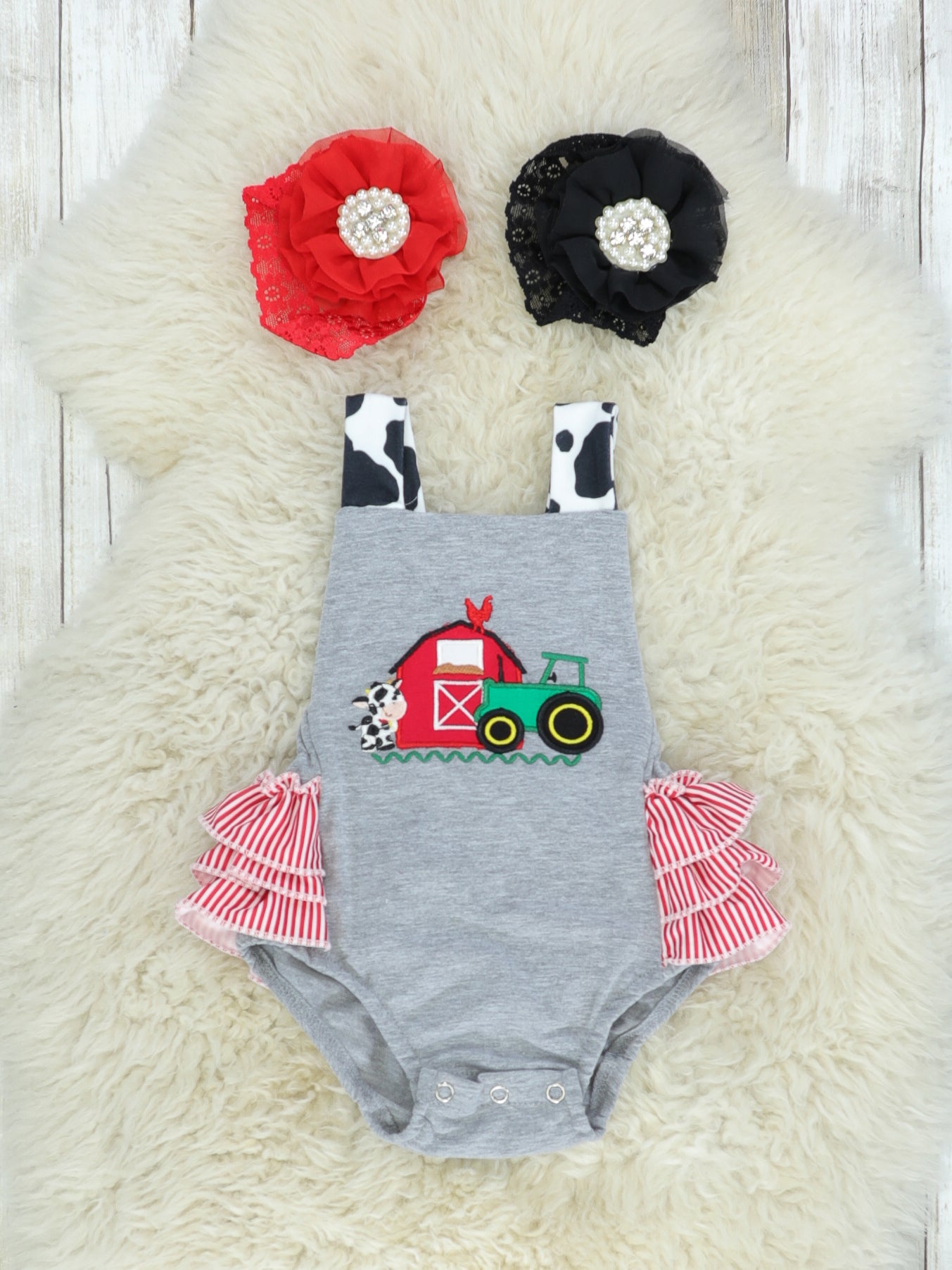 Cow Farmer Ruffle Bubble Romper - Marie Nicole Clothing