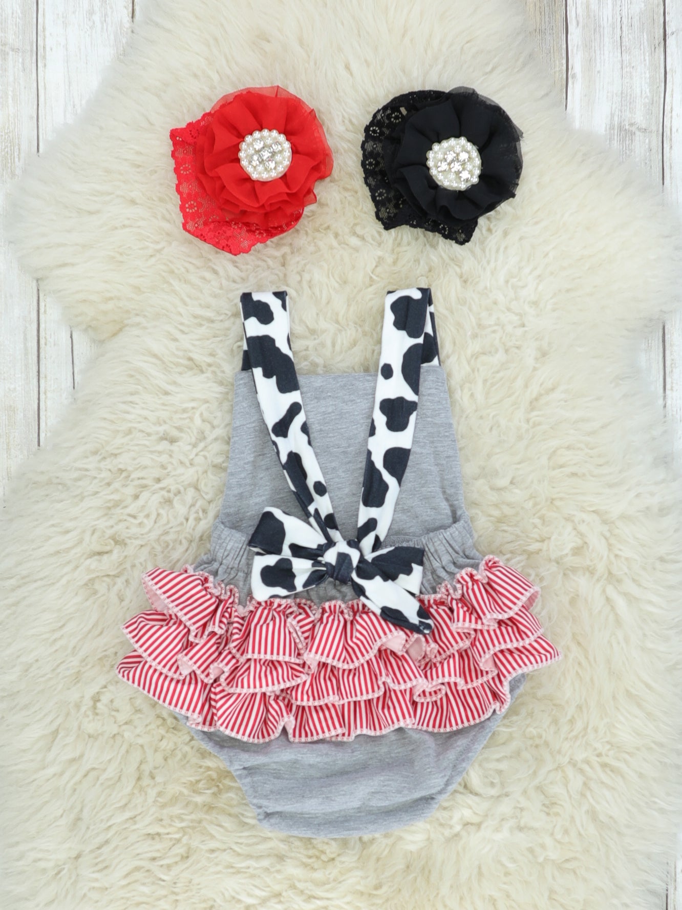 Cow Farmer Ruffle Bubble Romper - Marie Nicole Clothing