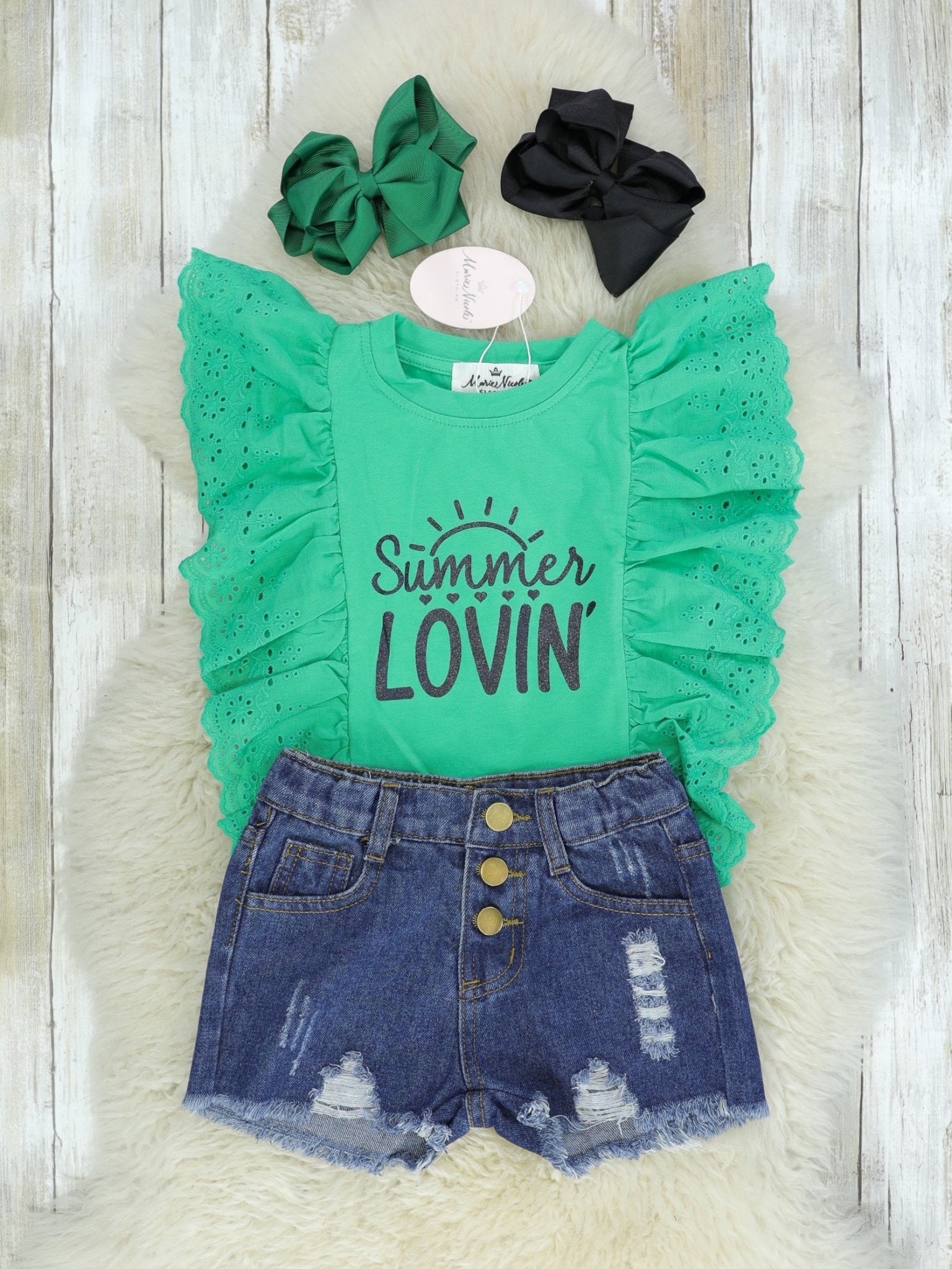 "Summer Lovin'" Lace Eyelet Top & Distressed Denim Outfit - Marie Nicole Clothing