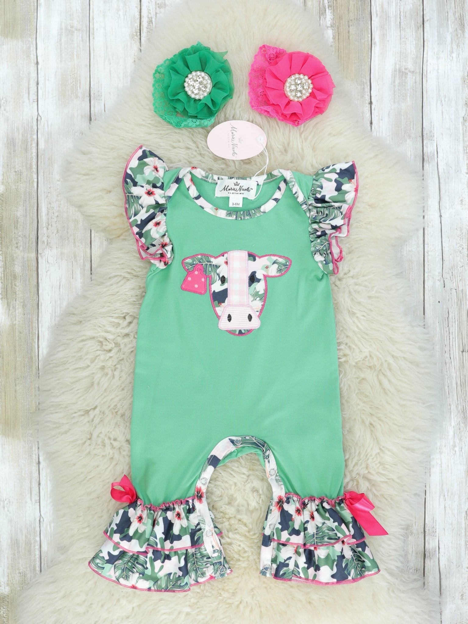 Forest Green Cow Ruffle Romper - Marie Nicole Clothing
