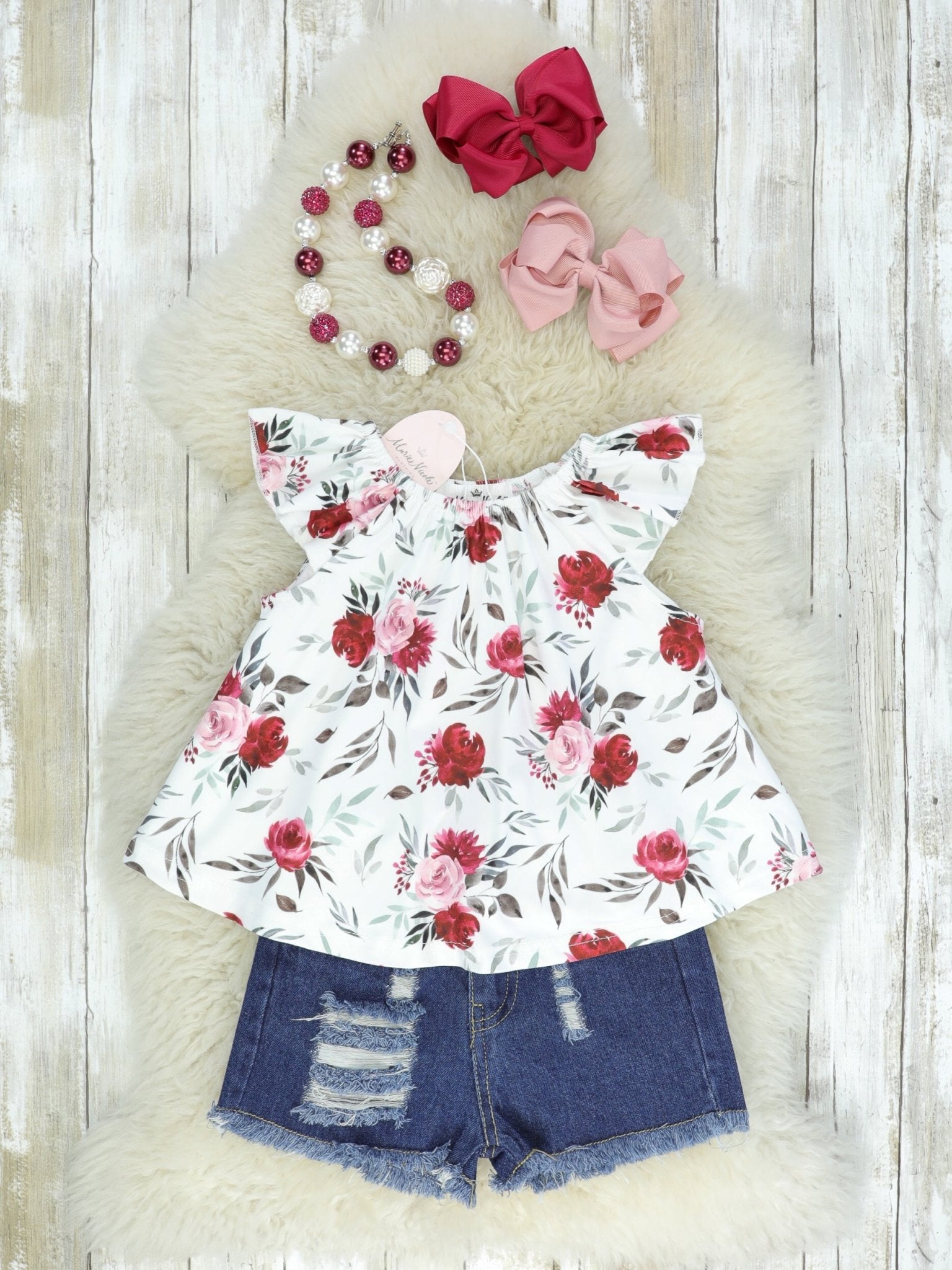 Red Rose Tank & Denim Shorts Outfit - Marie Nicole Clothing