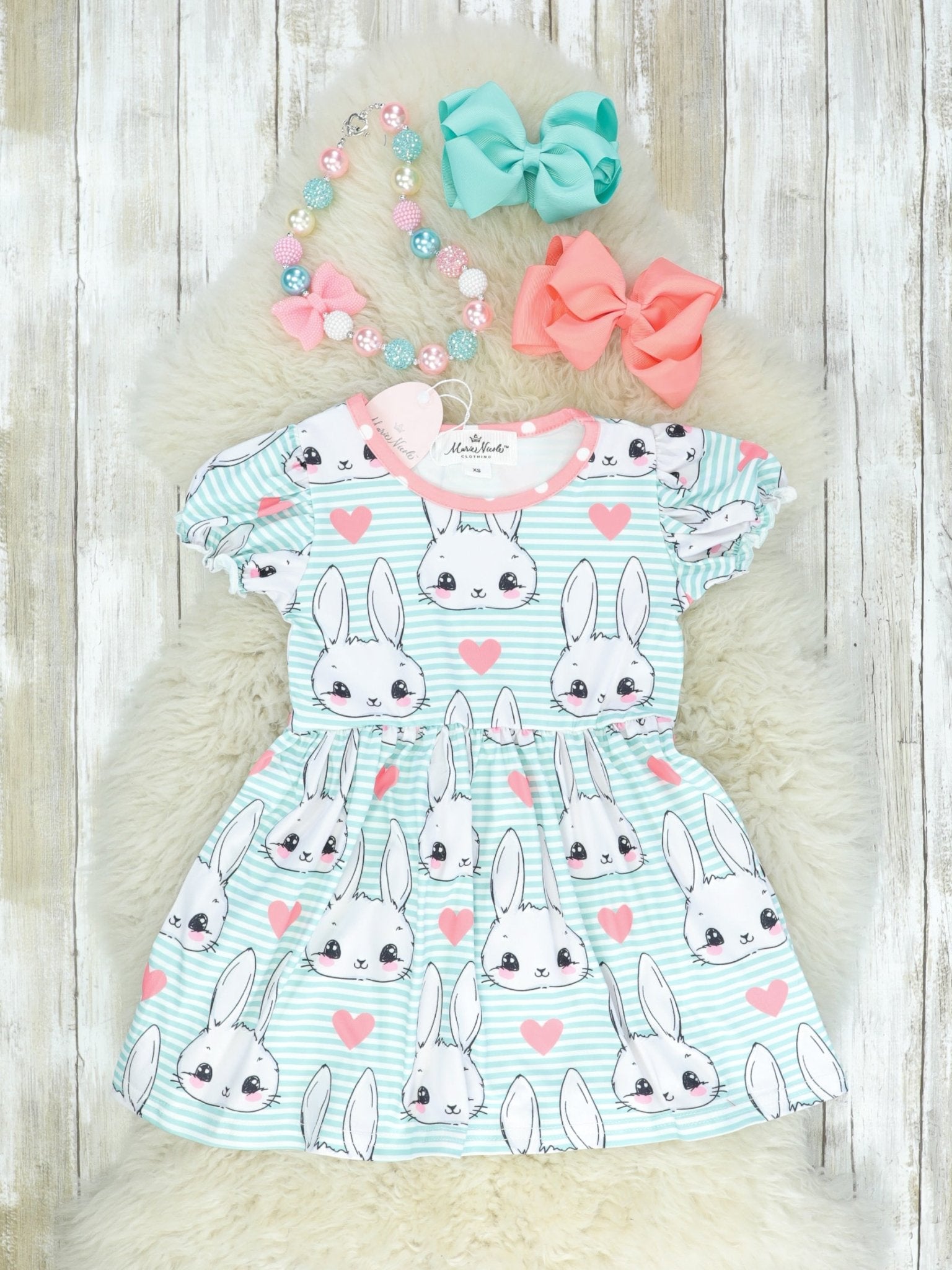 Mint & Coral Striped Bunny Love Dress - Marie Nicole Clothing