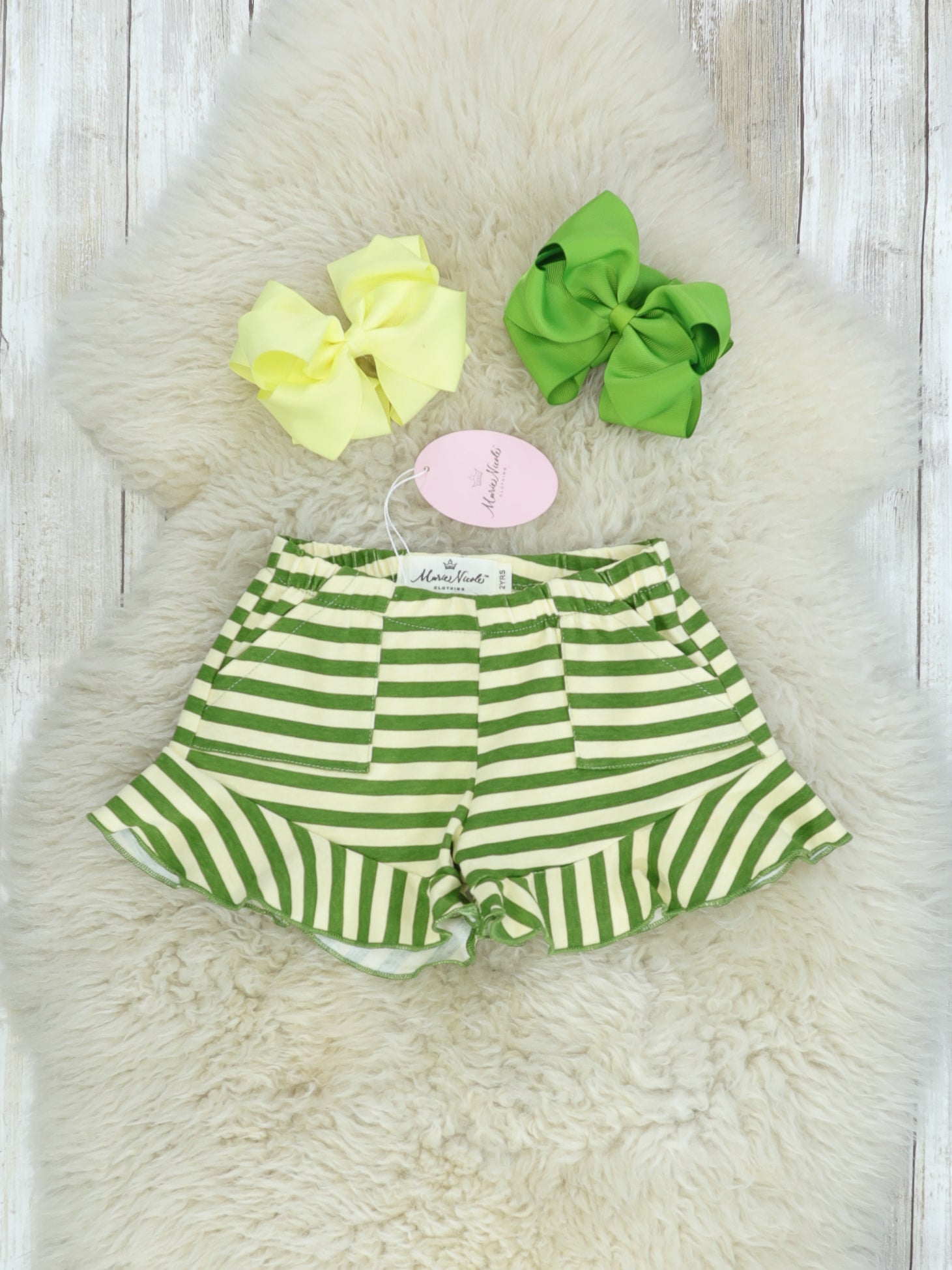 Pocket Ruffle Short - Olive/Cream Striped - Marie Nicole Clothing