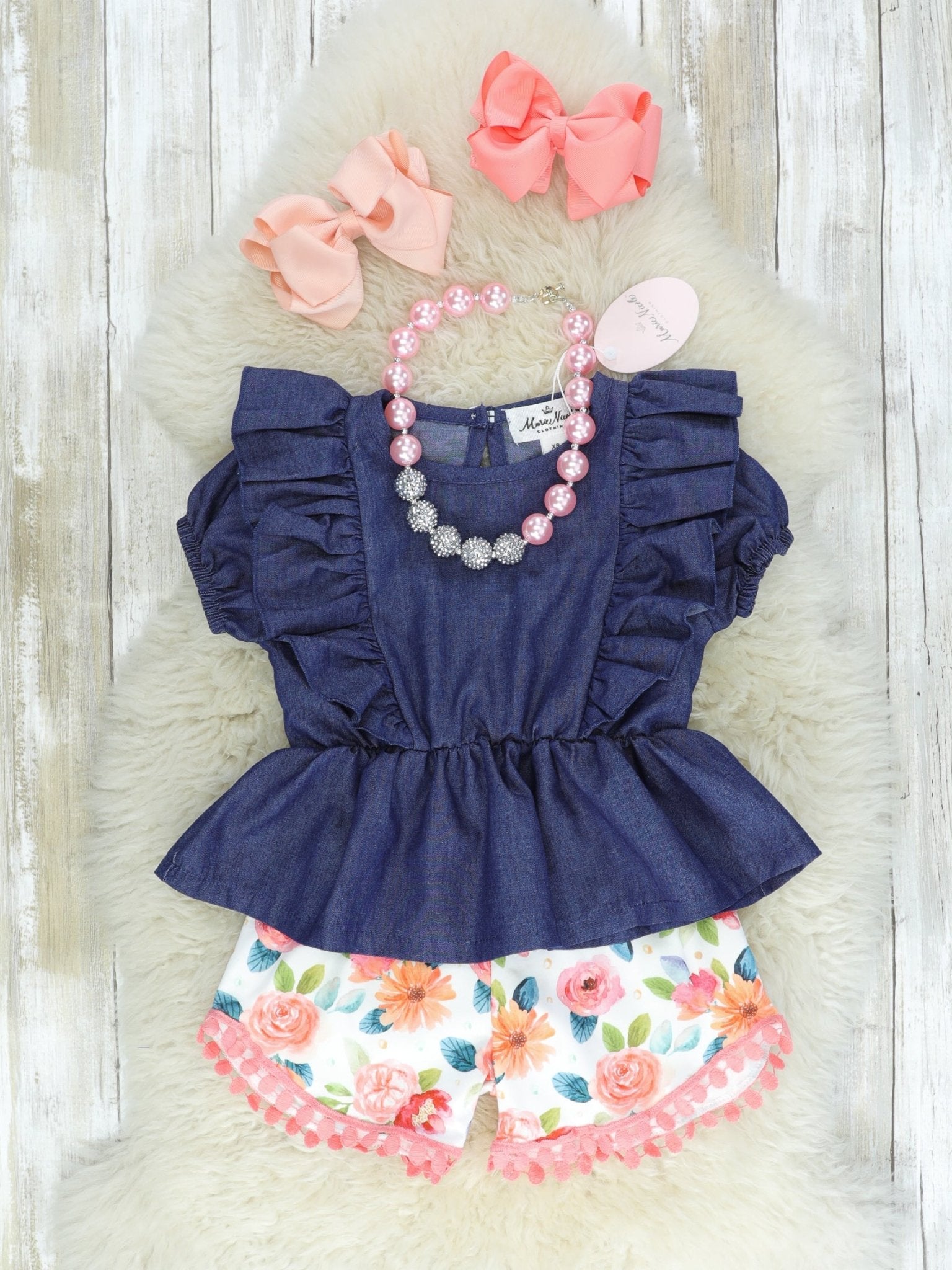 Navy & Pink Floral Ruffle Shorts Outfit - Marie Nicole Clothing