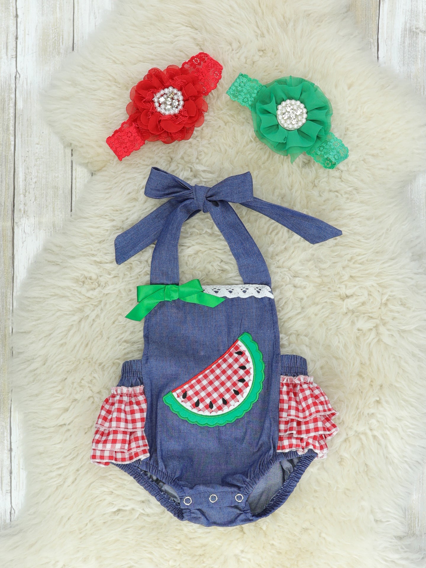 Chambray Watermelon Bubble Romper - Marie Nicole Clothing