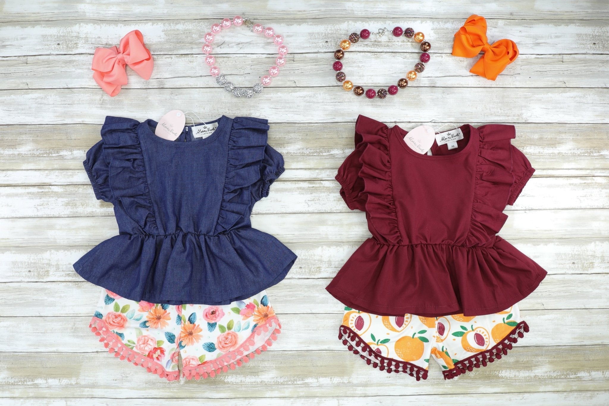 Navy & Pink Floral Ruffle Shorts Outfit - Marie Nicole Clothing