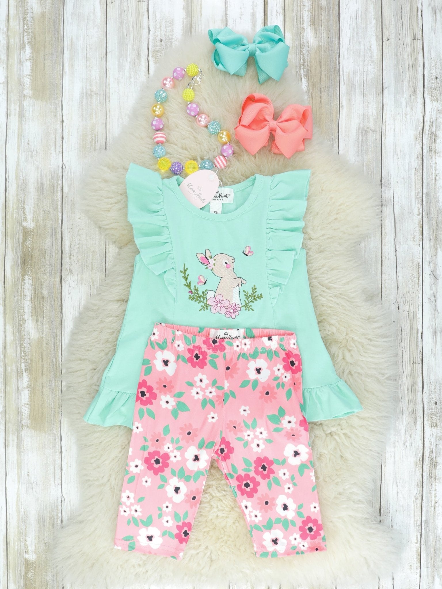 Mint & Pink Ruffle Tunic Floral Pants Outfit - Marie Nicole Clothing