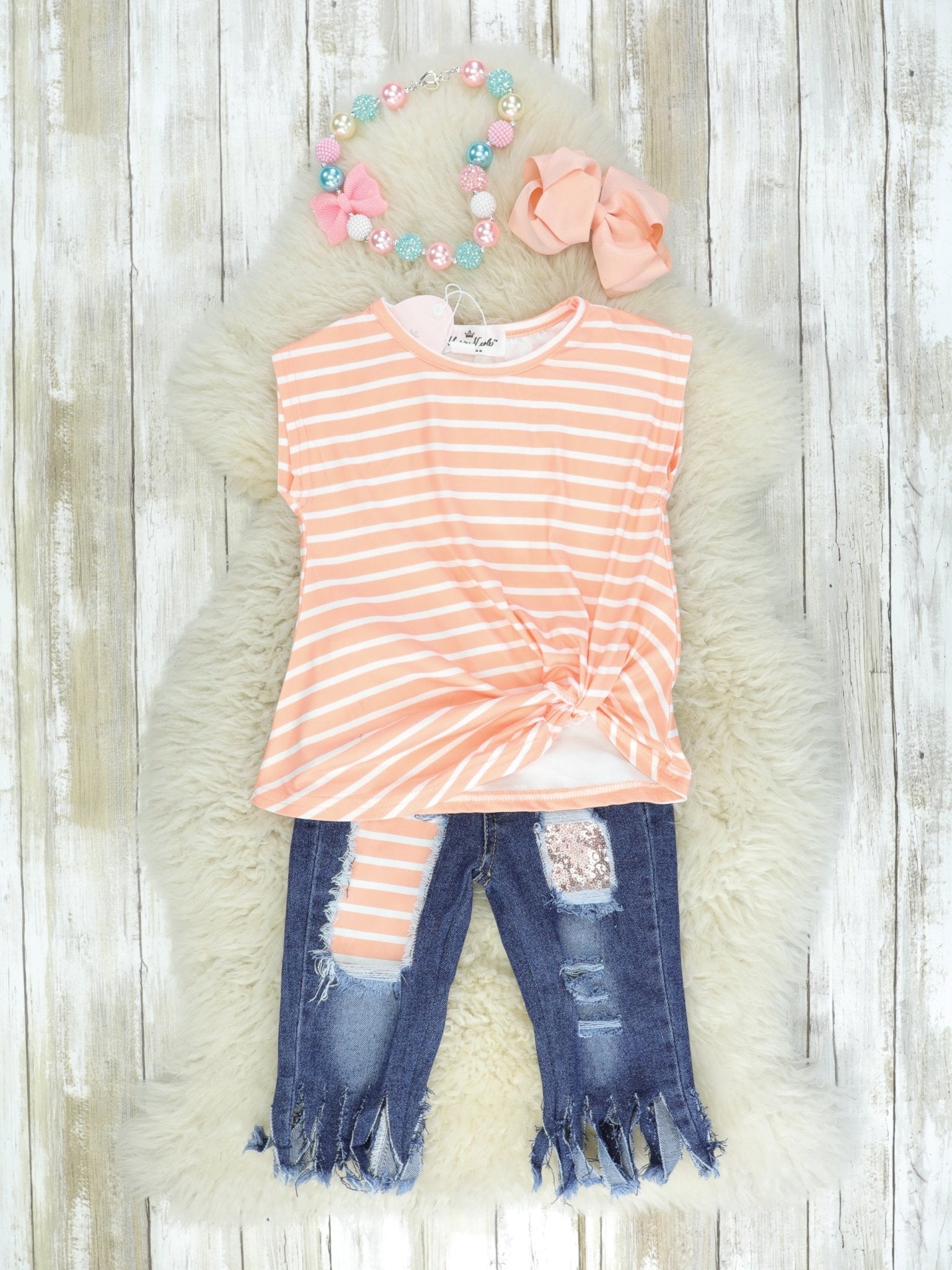 Pink Striped Knot Tank & Fringe Denim Capris Outfit - Marie Nicole Clothing