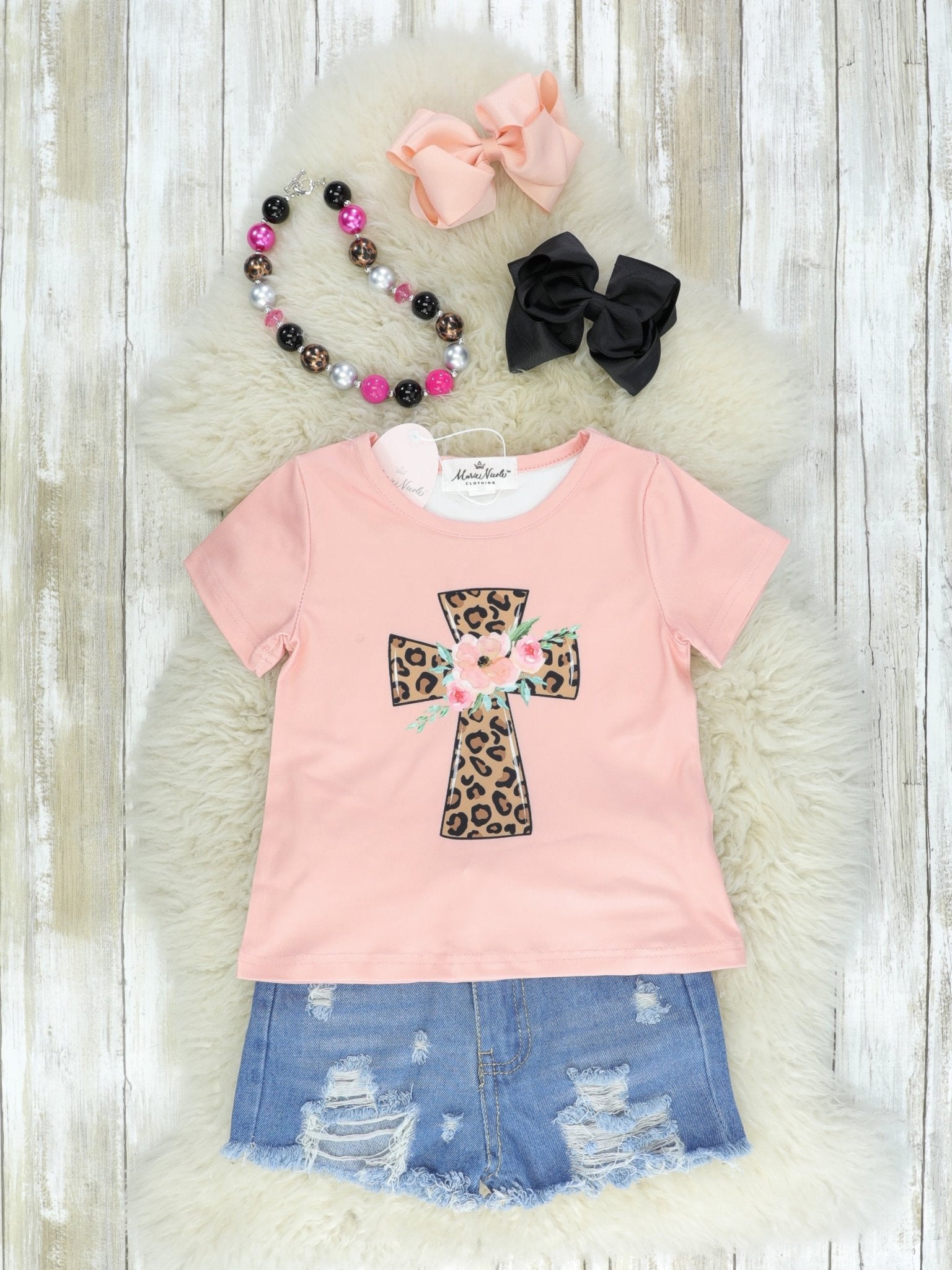 Pink Leopard Cross Denim Shorts Outfit - Marie Nicole Clothing