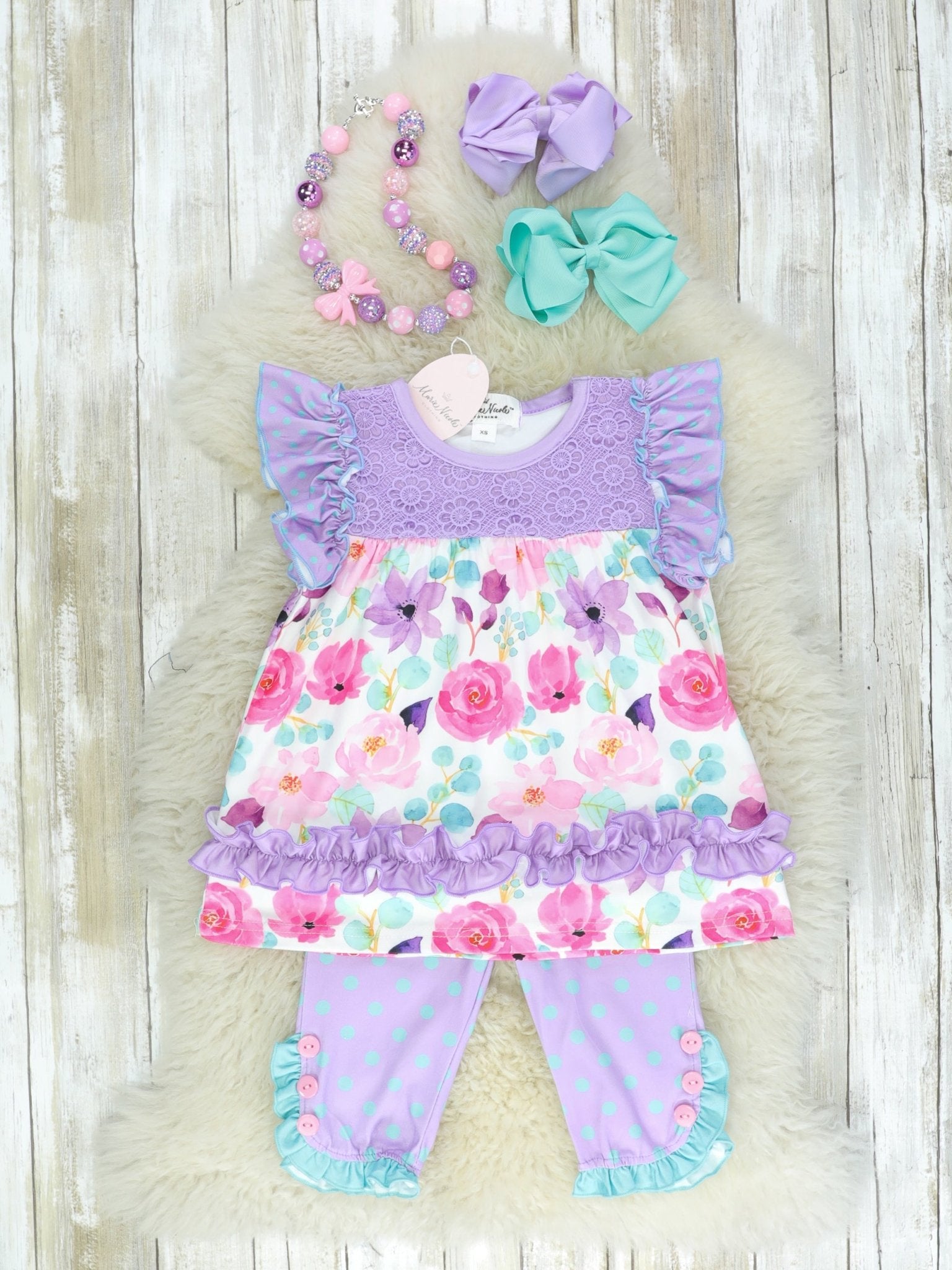 Purple & Mint Polka Dot Floral Ruffle Capris Outfit - Marie Nicole Clothing