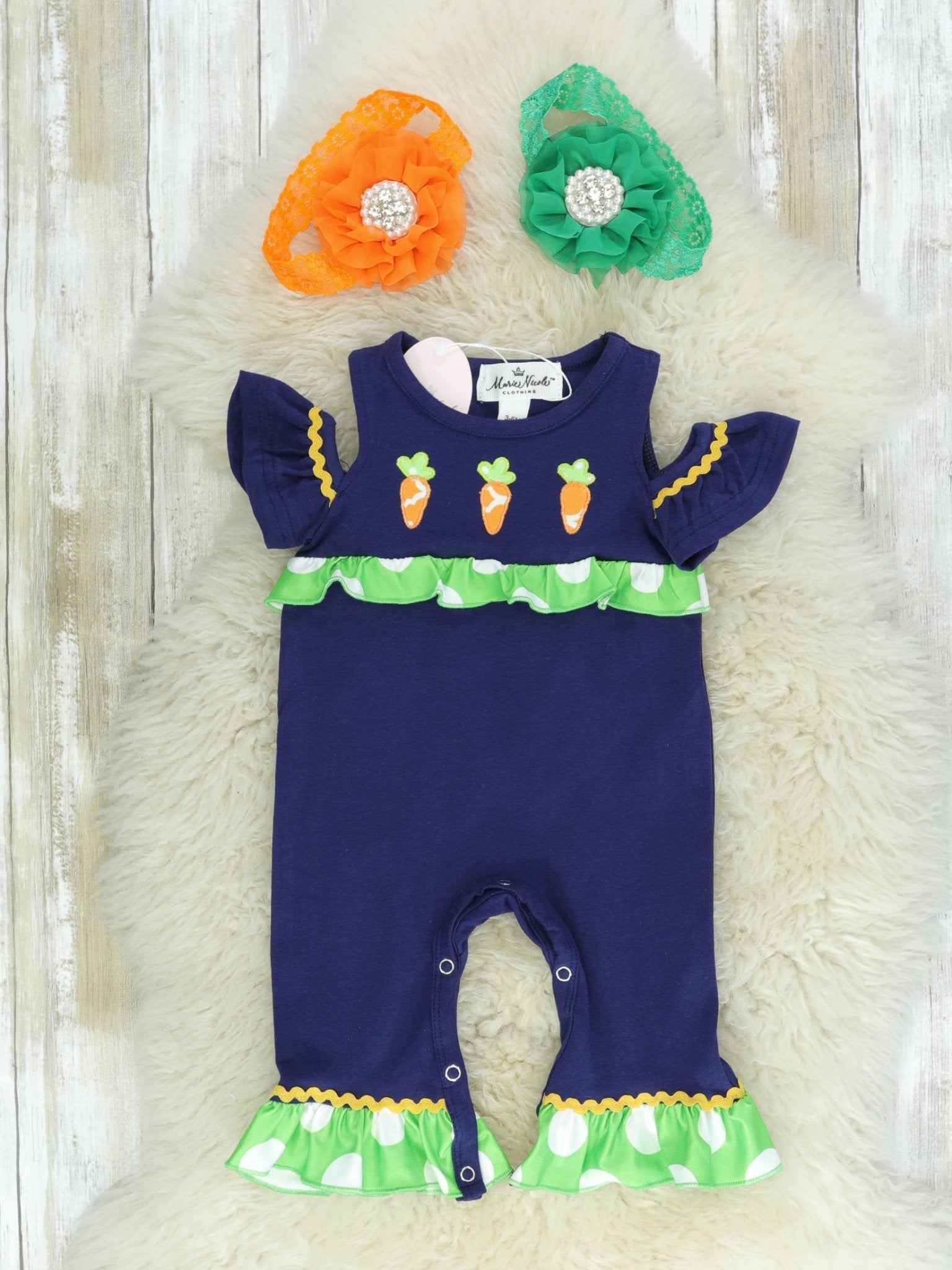 Navy & Green Carrots Romper - Marie Nicole Clothing