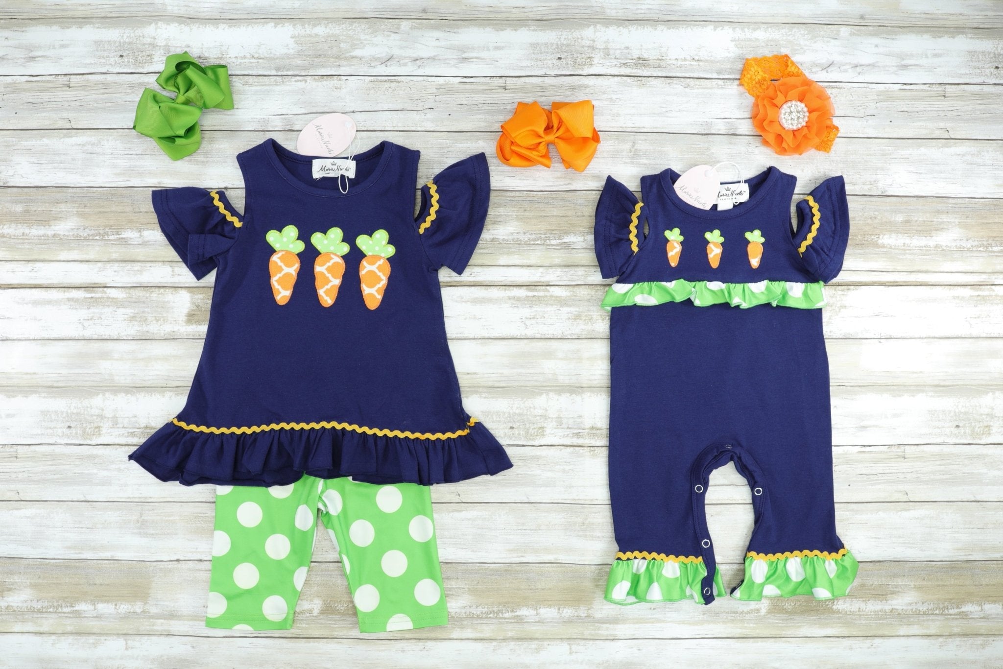 Navy & Green Carrots Romper - Marie Nicole Clothing