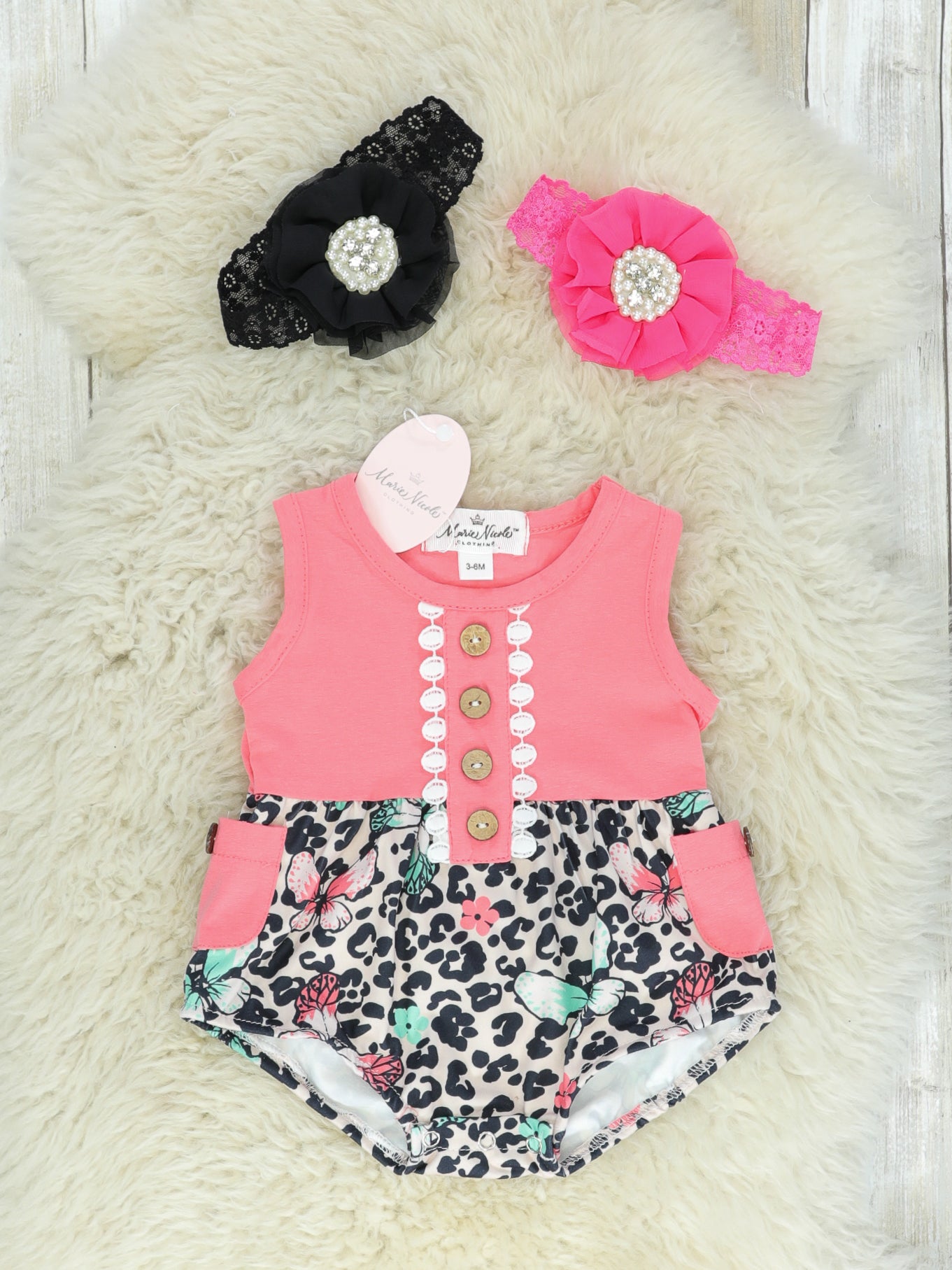 Coral Floral Leopard Tank Pocket Romper - Marie Nicole Clothing