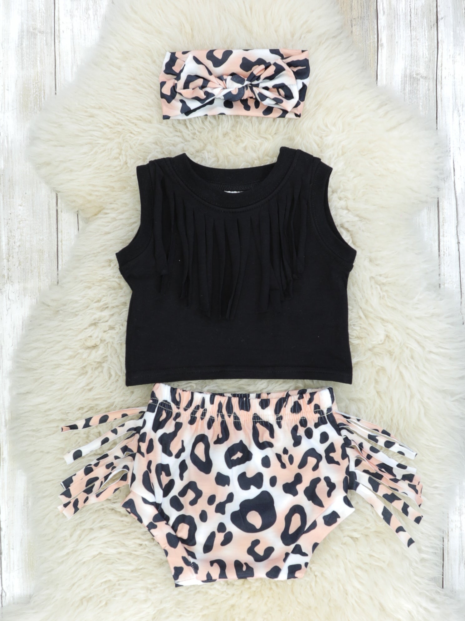 Black Top, Pink Leopard Bloomers, & Matching Headband Set - Marie Nicole Clothing