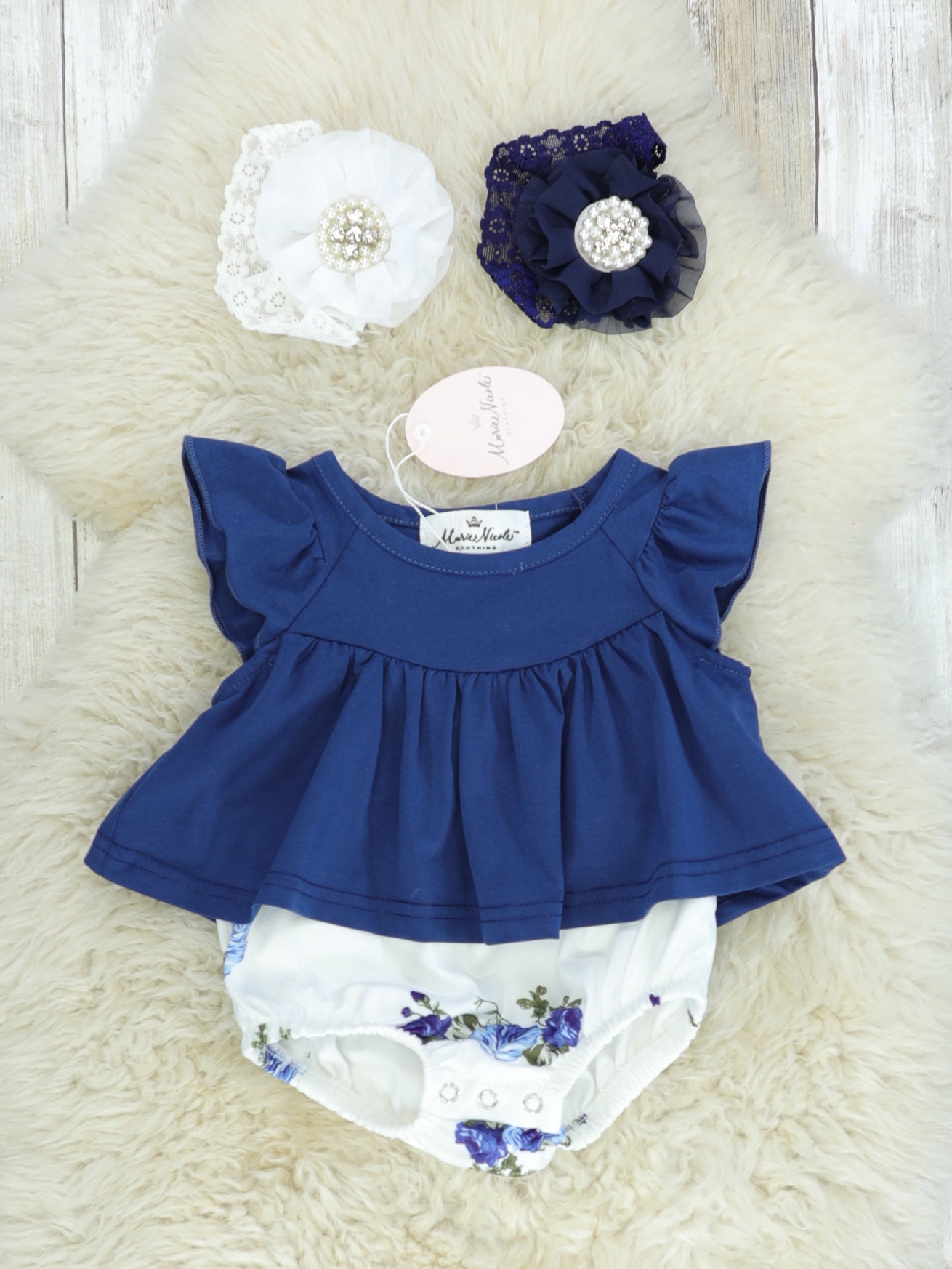 Navy Blue & White Floral Bloomers Outfit - Marie Nicole Clothing