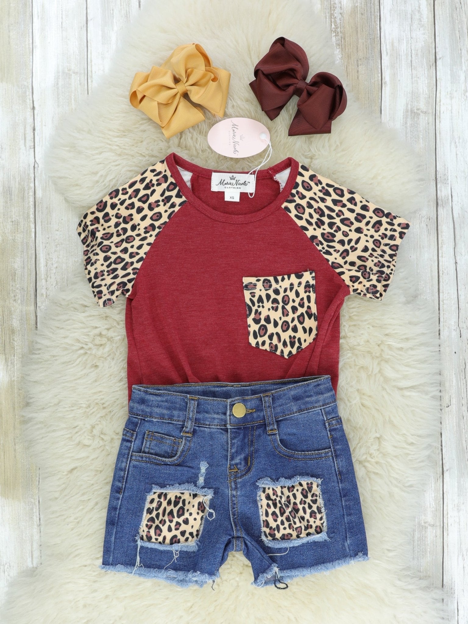 Burgundy & Leopard Tie Shirt & Denim Shorts Outfit - Marie Nicole Clothing