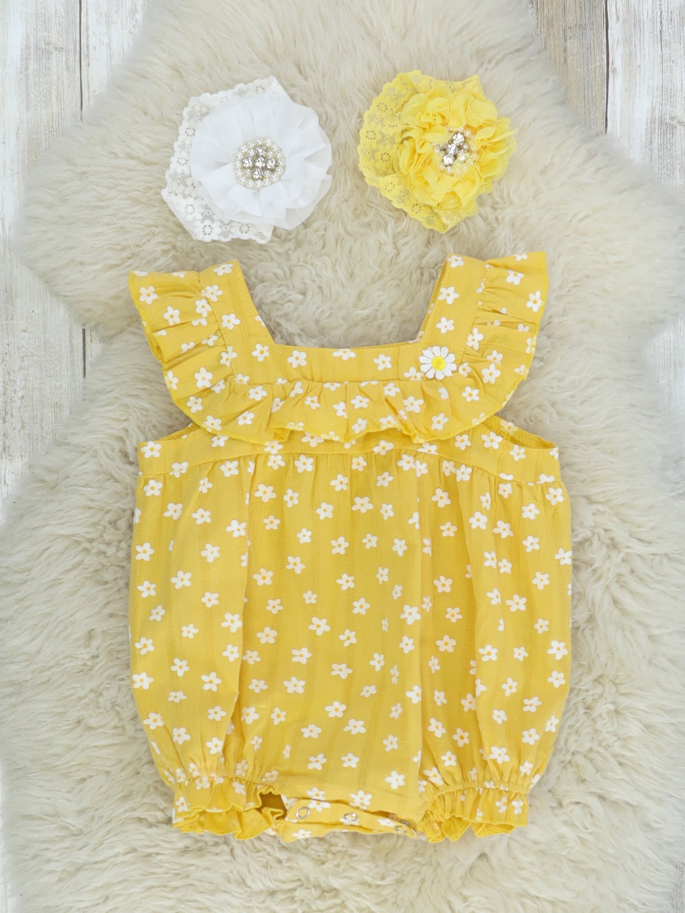 Mustard Daisy Cotton Bubble Romper - Marie Nicole Clothing