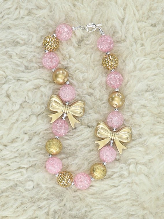 Pink & Gold Bow Pearl Bubblegum Necklace - Marie Nicole Clothing