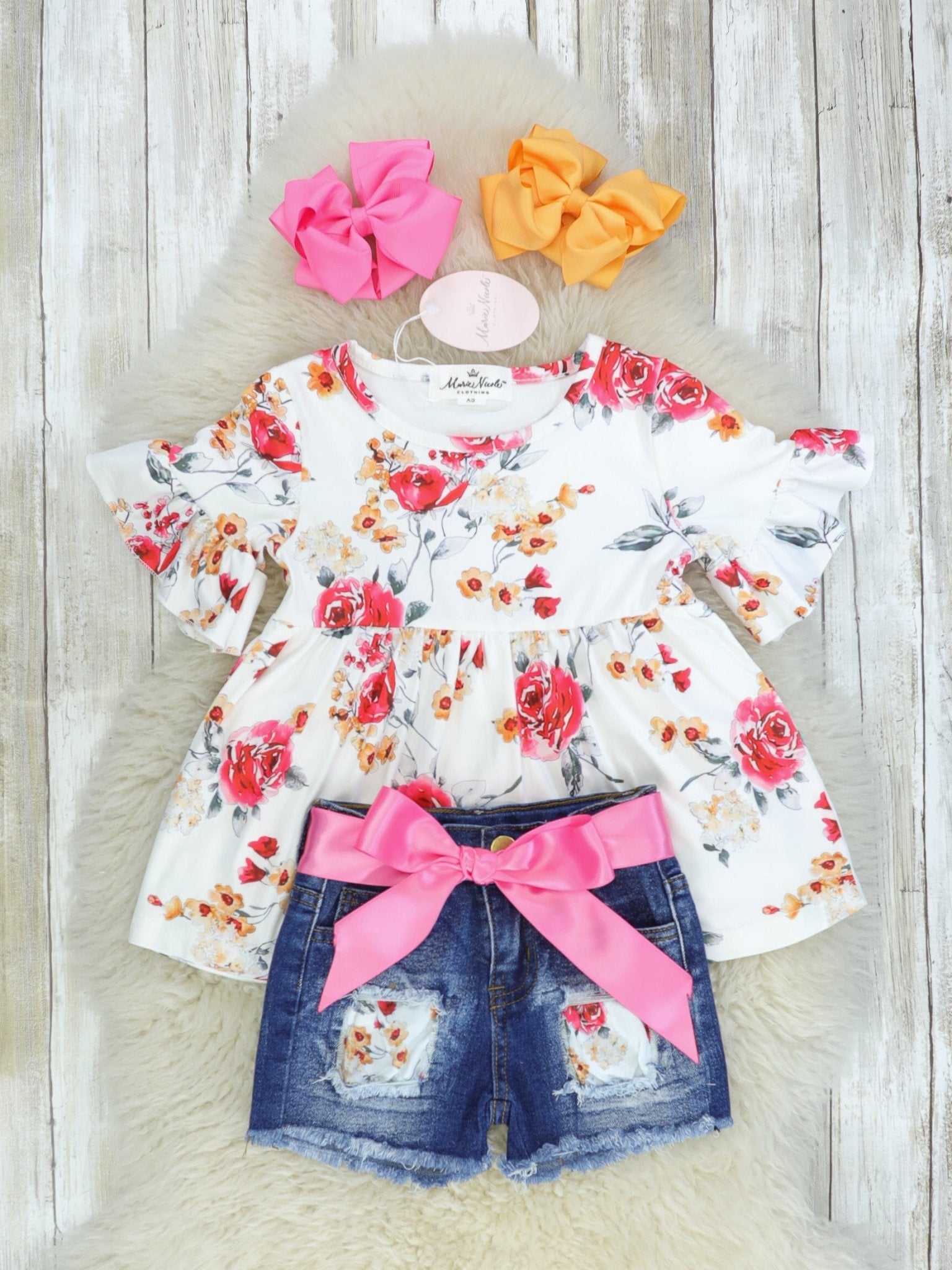 Pink Floral Ruffle Tunic & Distressed Denim Outfit - Marie Nicole Clothing