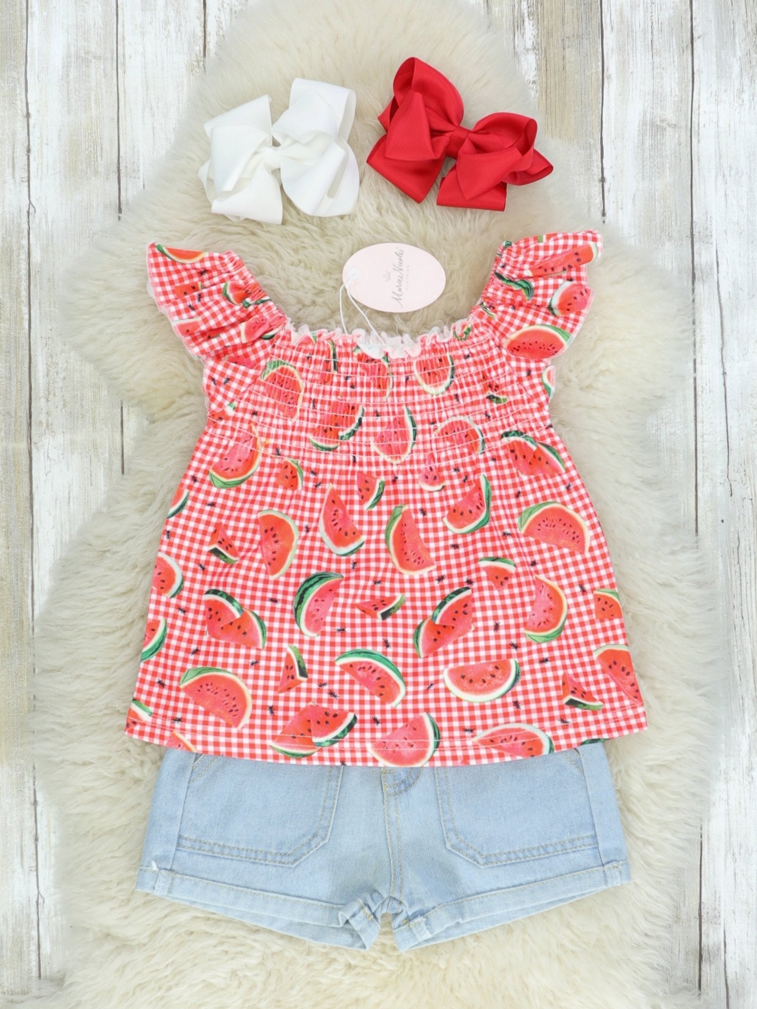 Watermelon Fluttersleeve Top & Denim Shorts Outfit - Marie Nicole Clothing