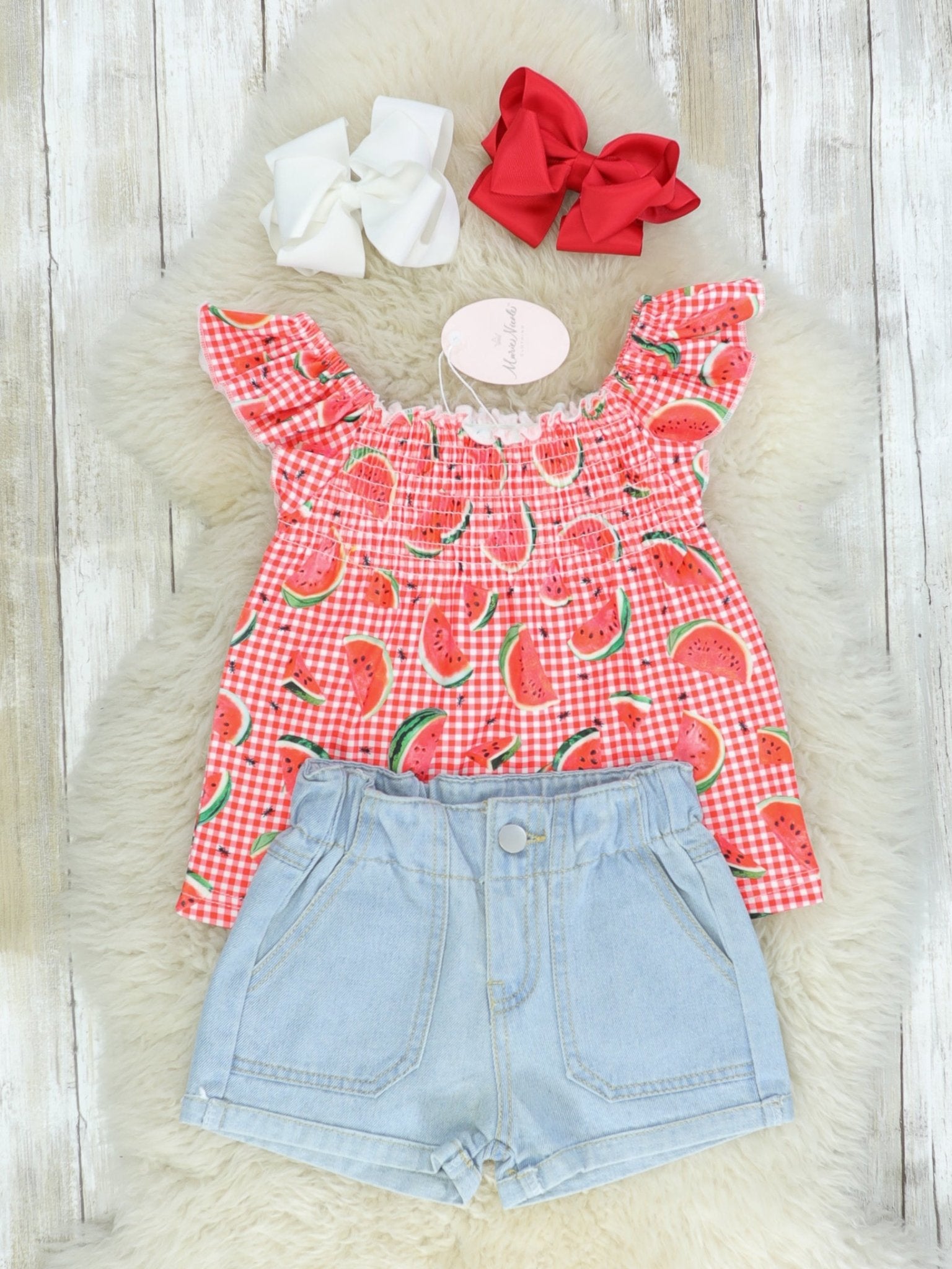 Watermelon Fluttersleeve Top & Denim Shorts Outfit - Marie Nicole Clothing