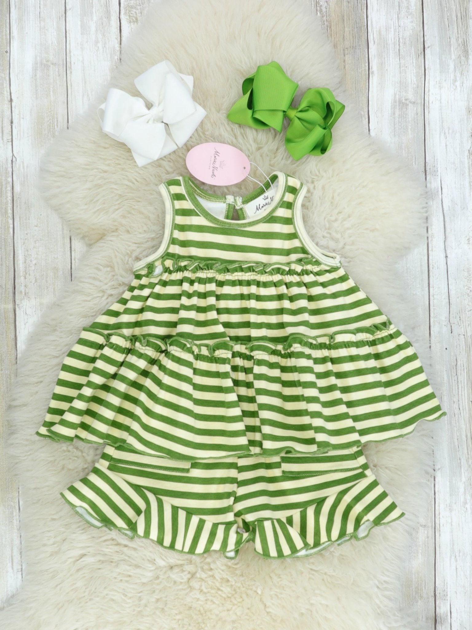 Cotton Swing Ruffle Tank - Olive/Cream Striped - Marie Nicole Clothing