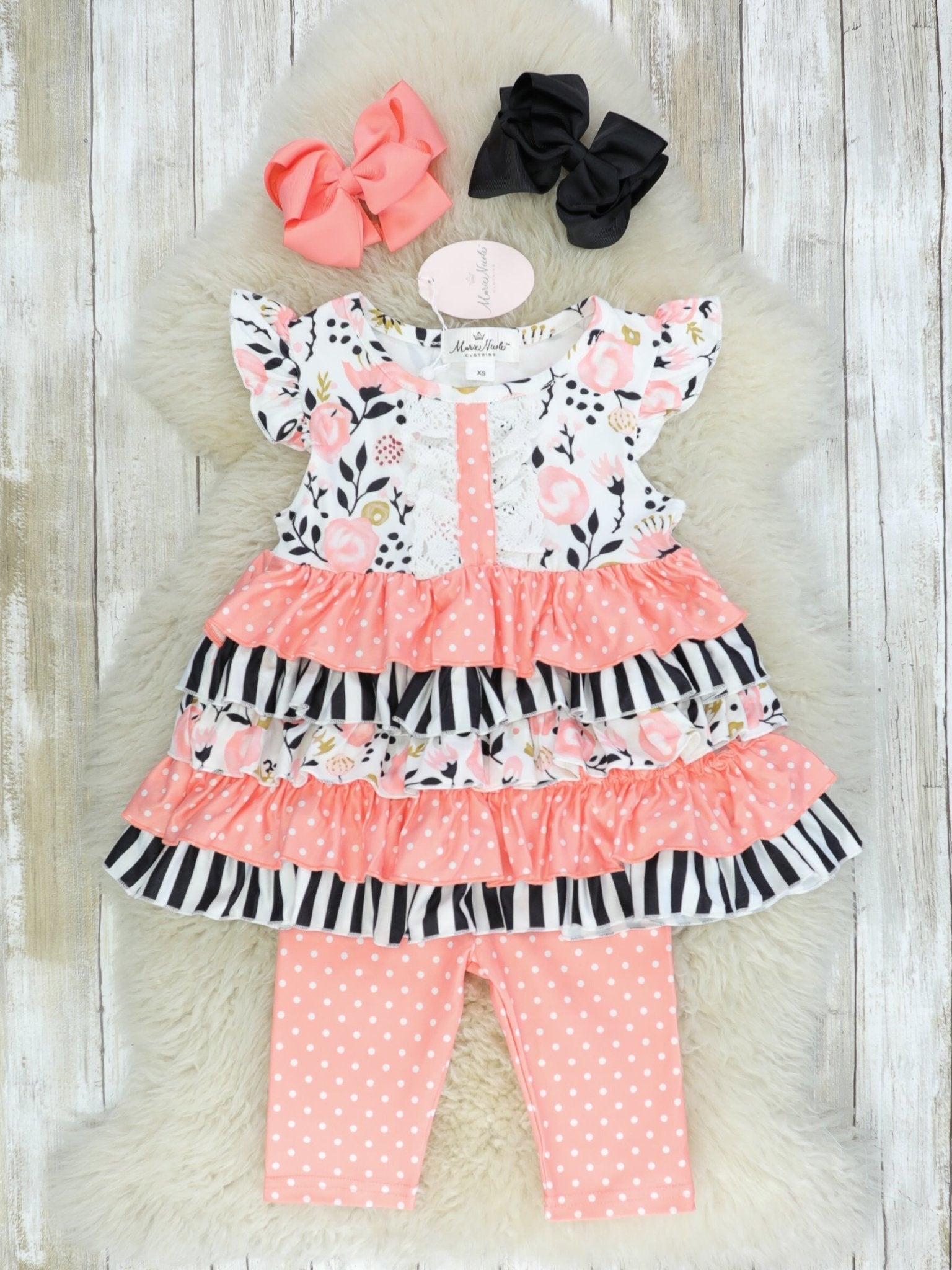 Pink, Black, & White Tiered Ruffle Tunic & Capris Outfit - Marie Nicole Clothing