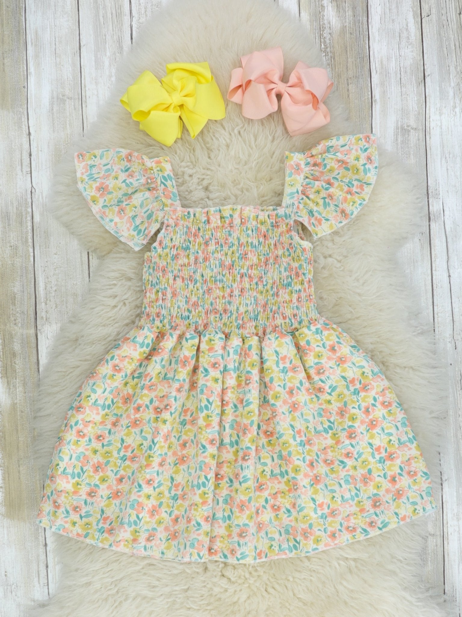 Neutral Floral Fluttersleeve Smocked Dress - Marie Nicole Clothing