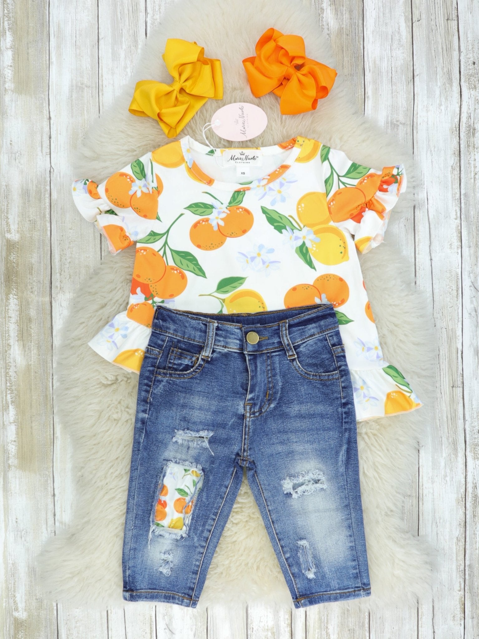 Nectarines Ruffle Top & Denim Capris Outfit - Marie Nicole Clothing